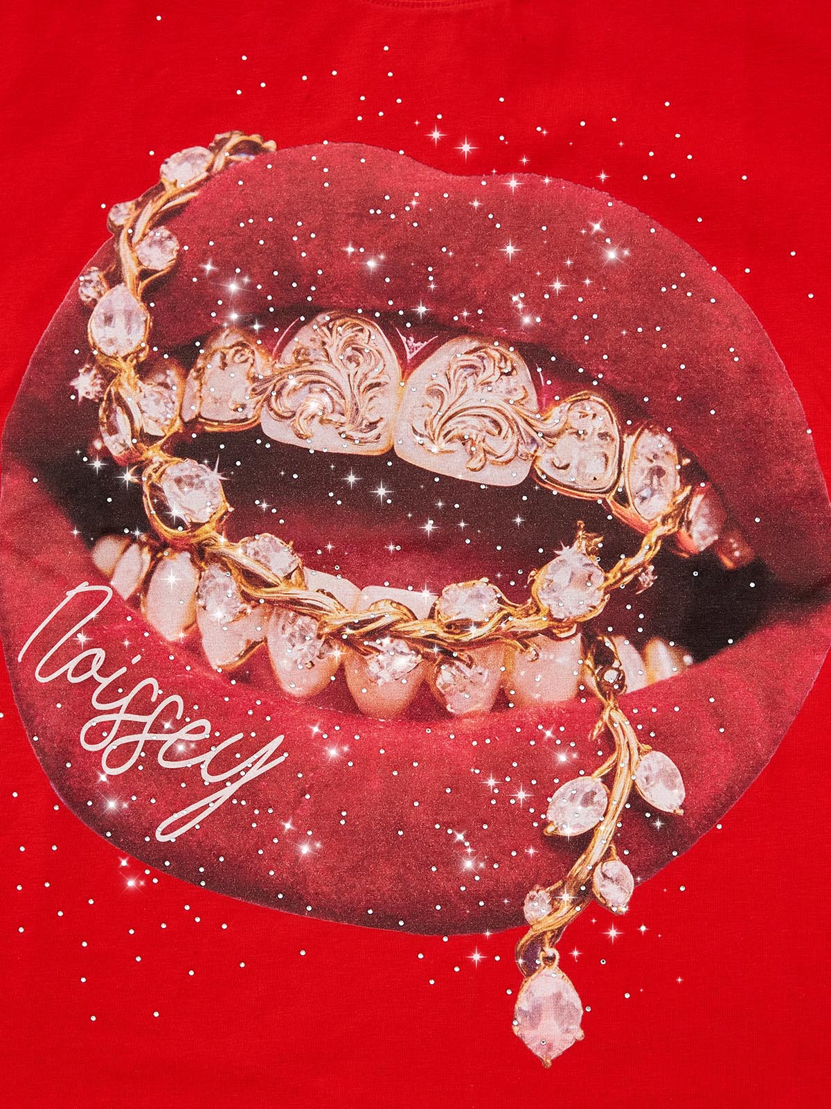 Y2K Bling Red Lips & Gold Chain Boxy Oversized Rhinestone Art Graphic Streetwear T-Shirt - Image 3