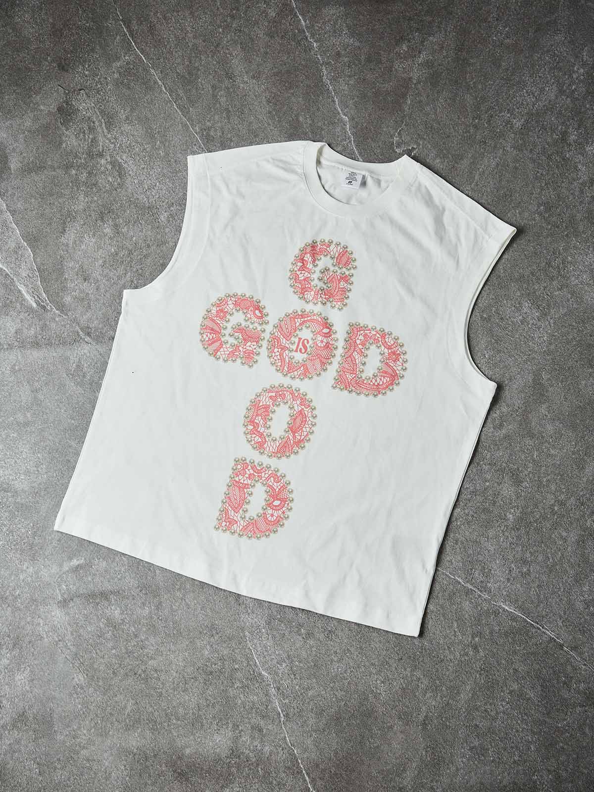 GOD IS GOOD! Lace Pearl Edge Print Tank Top - Image 3