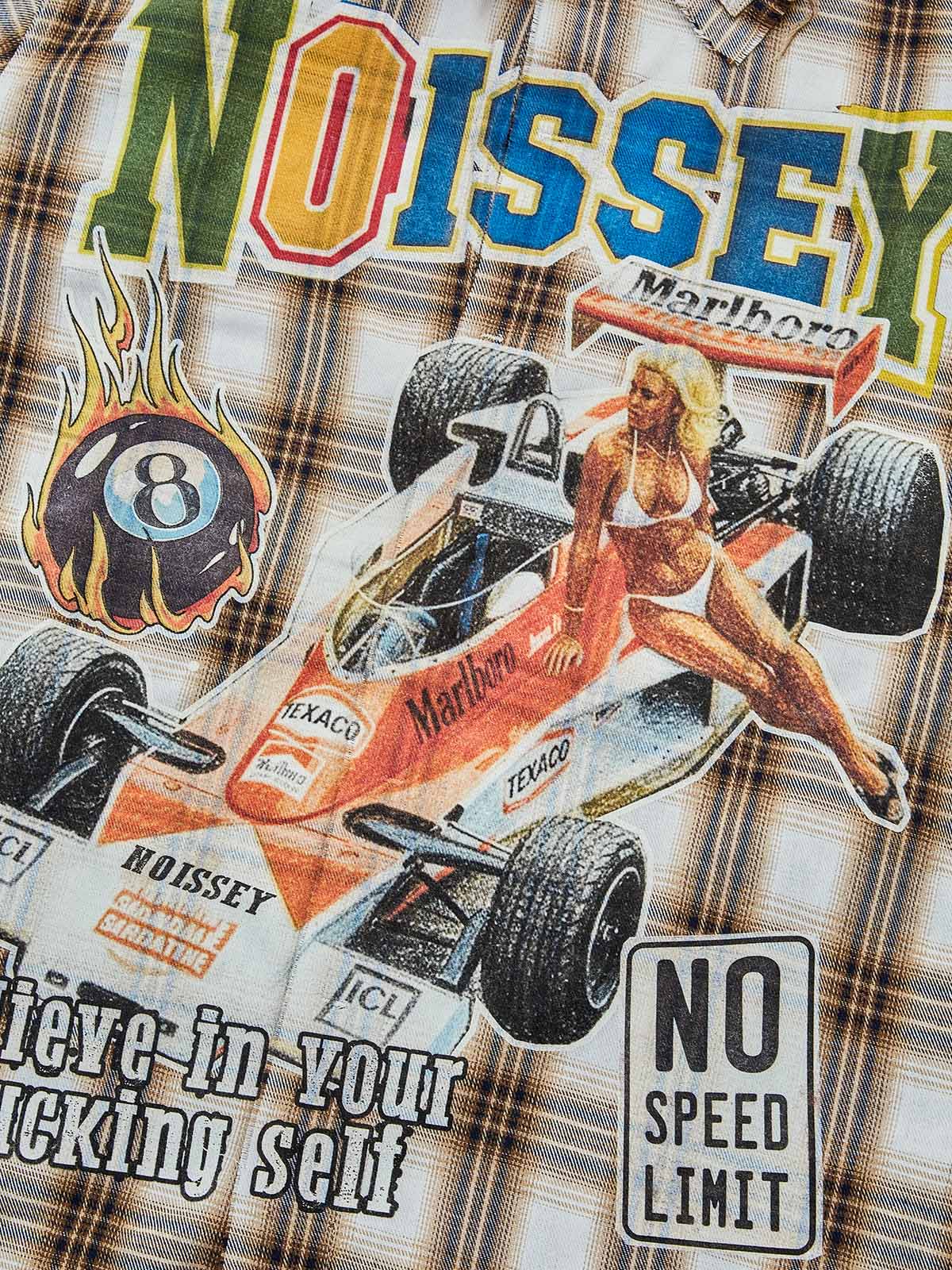 Graffiti Racing Queen Art Print Distressed Checkered Shirt with DIY Badge Accessories - Image 3