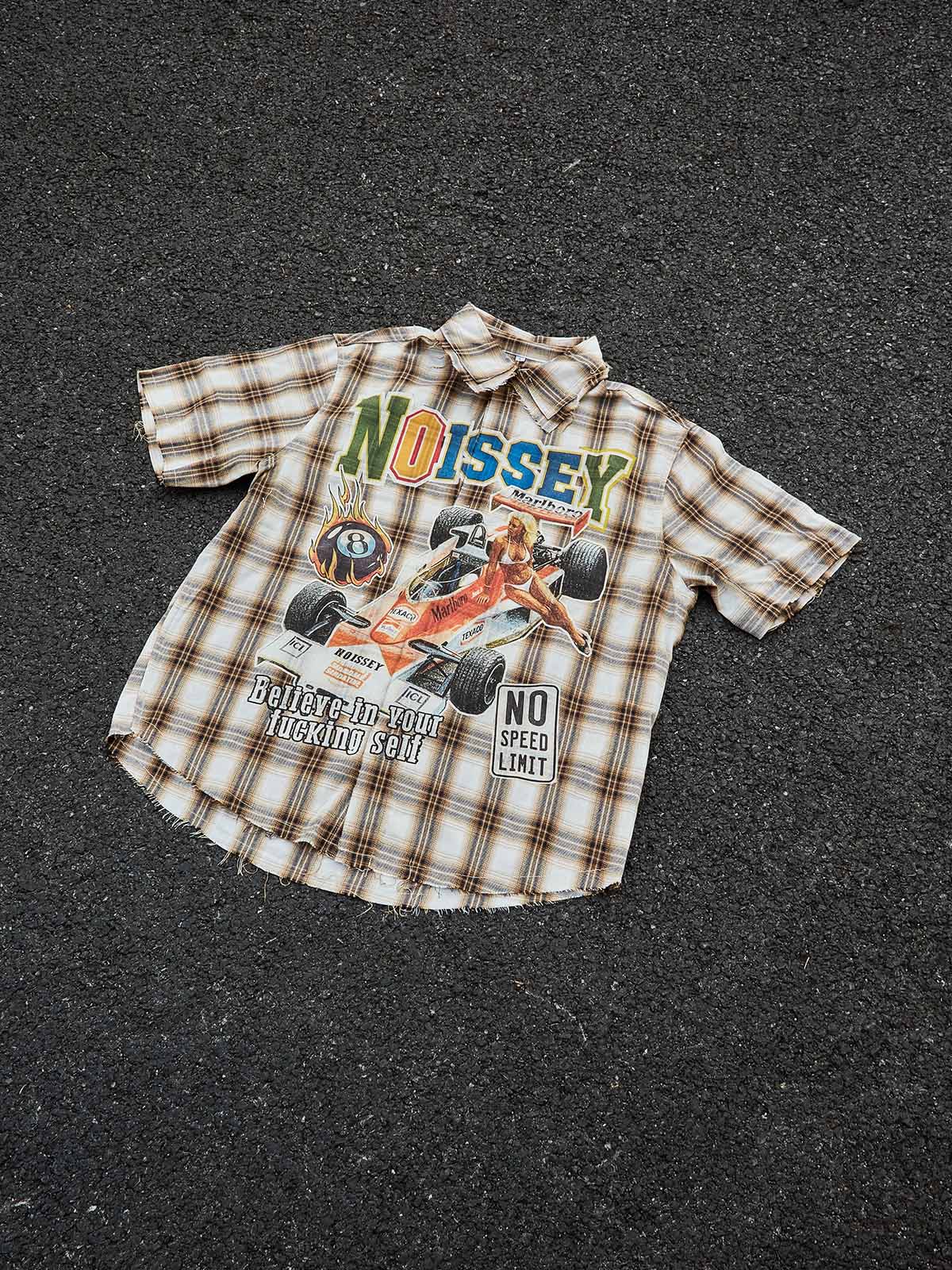 Graffiti Racing Queen Art Print Distressed Checkered Shirt with DIY Badge Accessories - Image 4