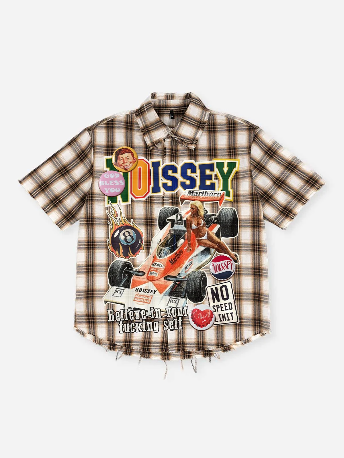 Graffiti Racing Queen Art Print Distressed Checkered Shirt with DIY Badge Accessories - Image 7