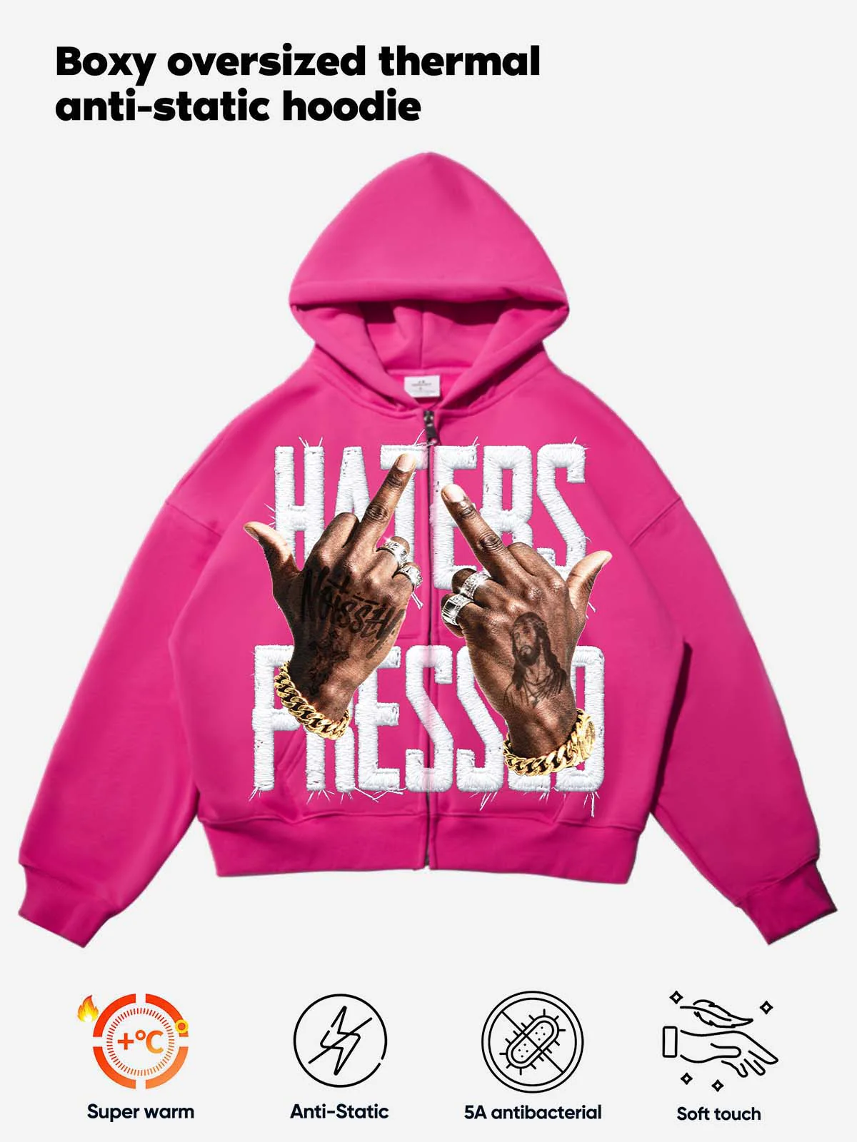 HATERS PRESSED! Pink Warm Printed Hoodie - Image 2
