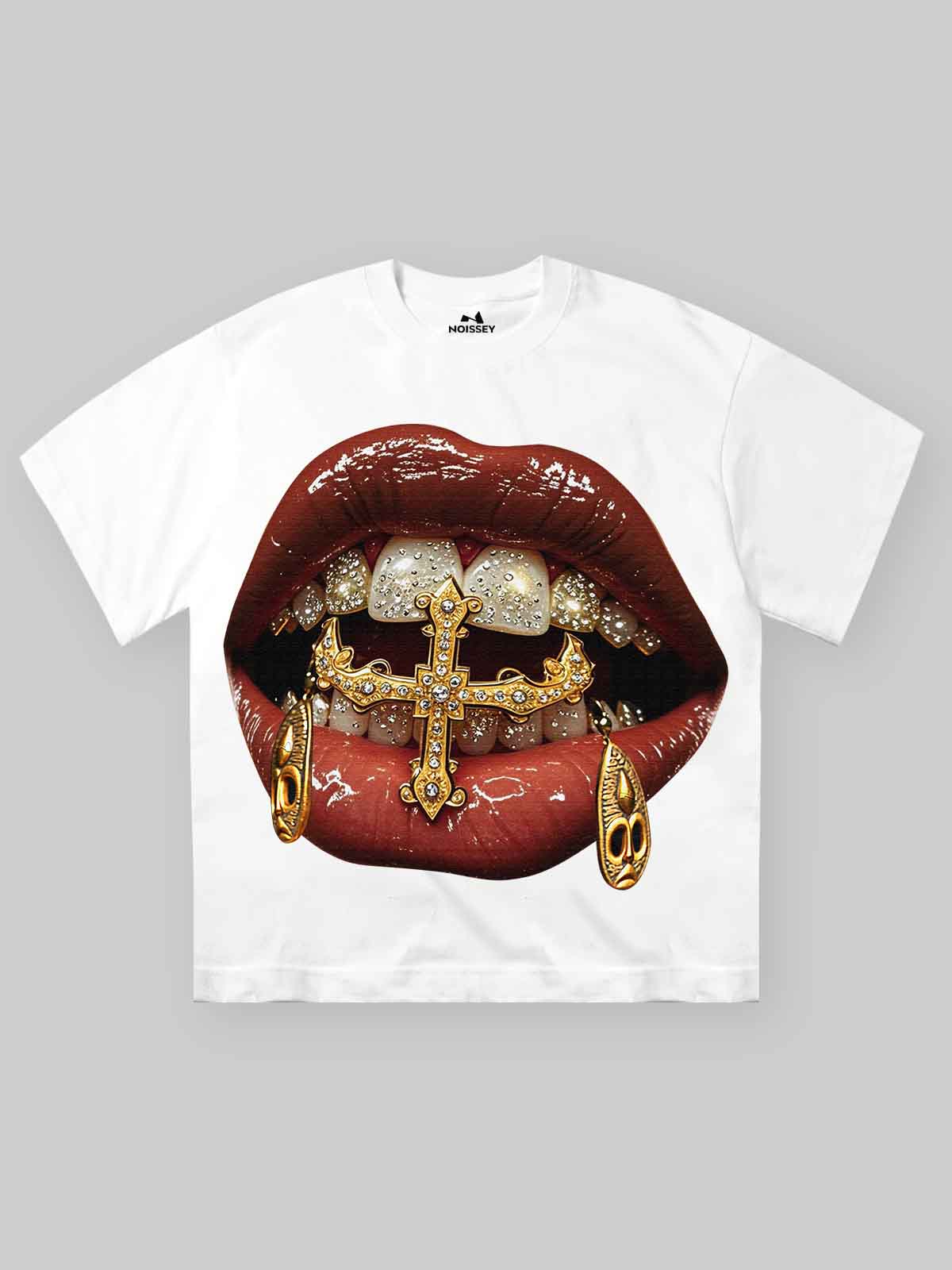 Heavyweight White T-Shirt with Surrealist Gold Cross & Mask Lip Graphic Streetwear