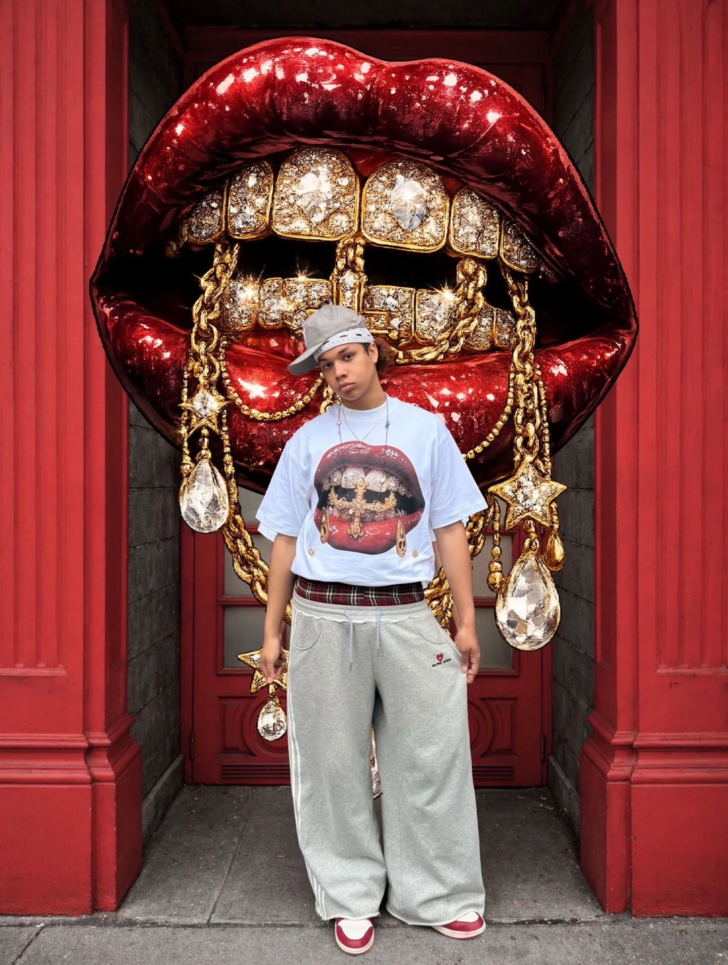 Heavyweight White T-Shirt with Surrealist Gold Cross & Mask Lip Graphic Streetwear - Image 3