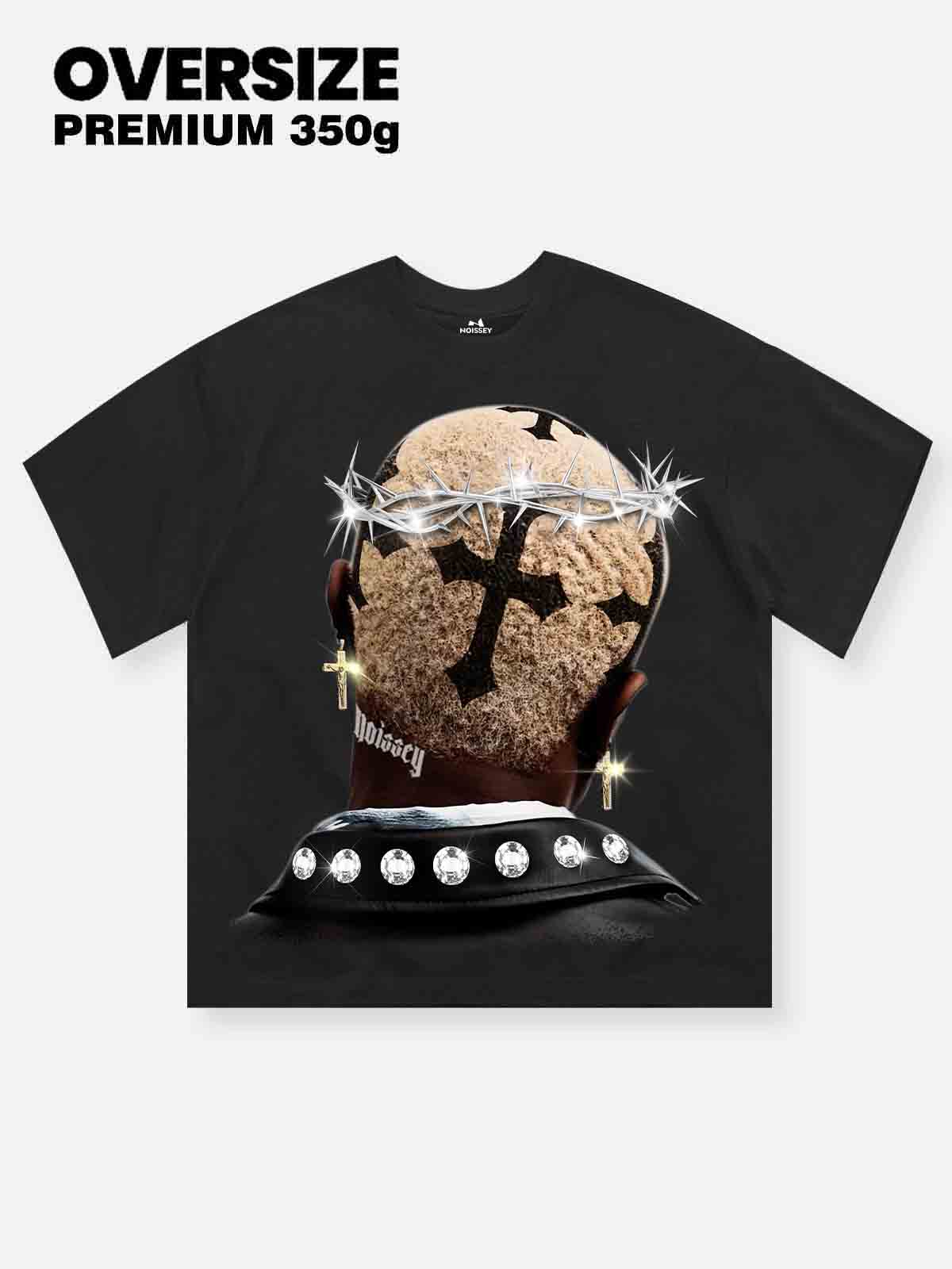 High quality Cross Hairstyle and Diamond Thorn Crown Print 350g T-shirt - Image 3