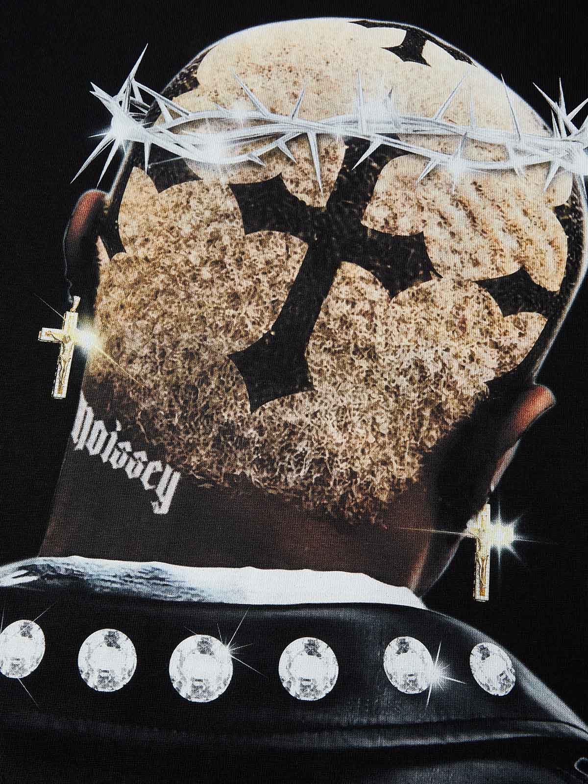 High quality Cross Hairstyle and Diamond Thorn Crown Print 350g T-shirt - Image 5