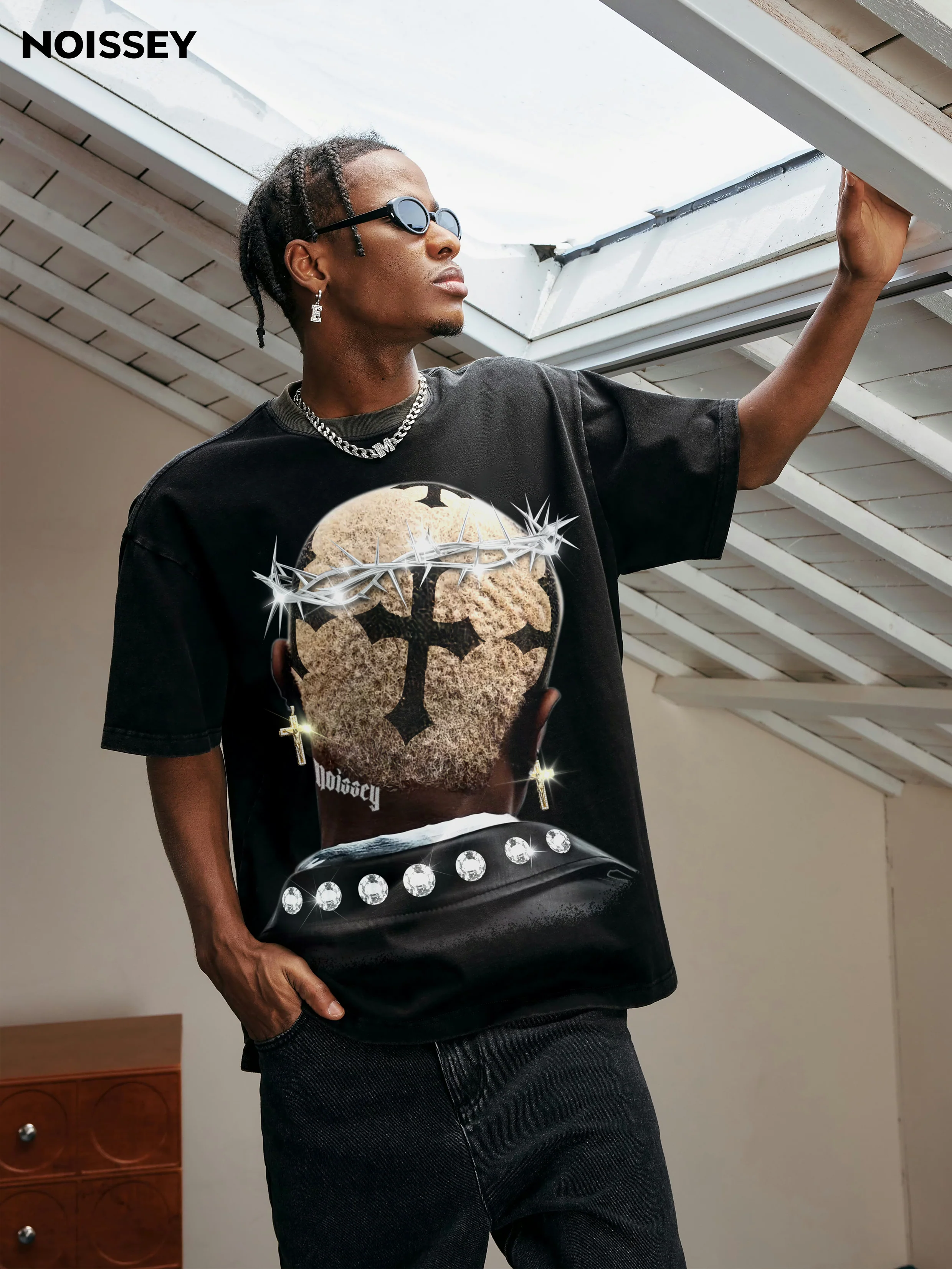 High quality Cross Hairstyle and Diamond Thorn Crown Print 350g T-shirt - Image 6