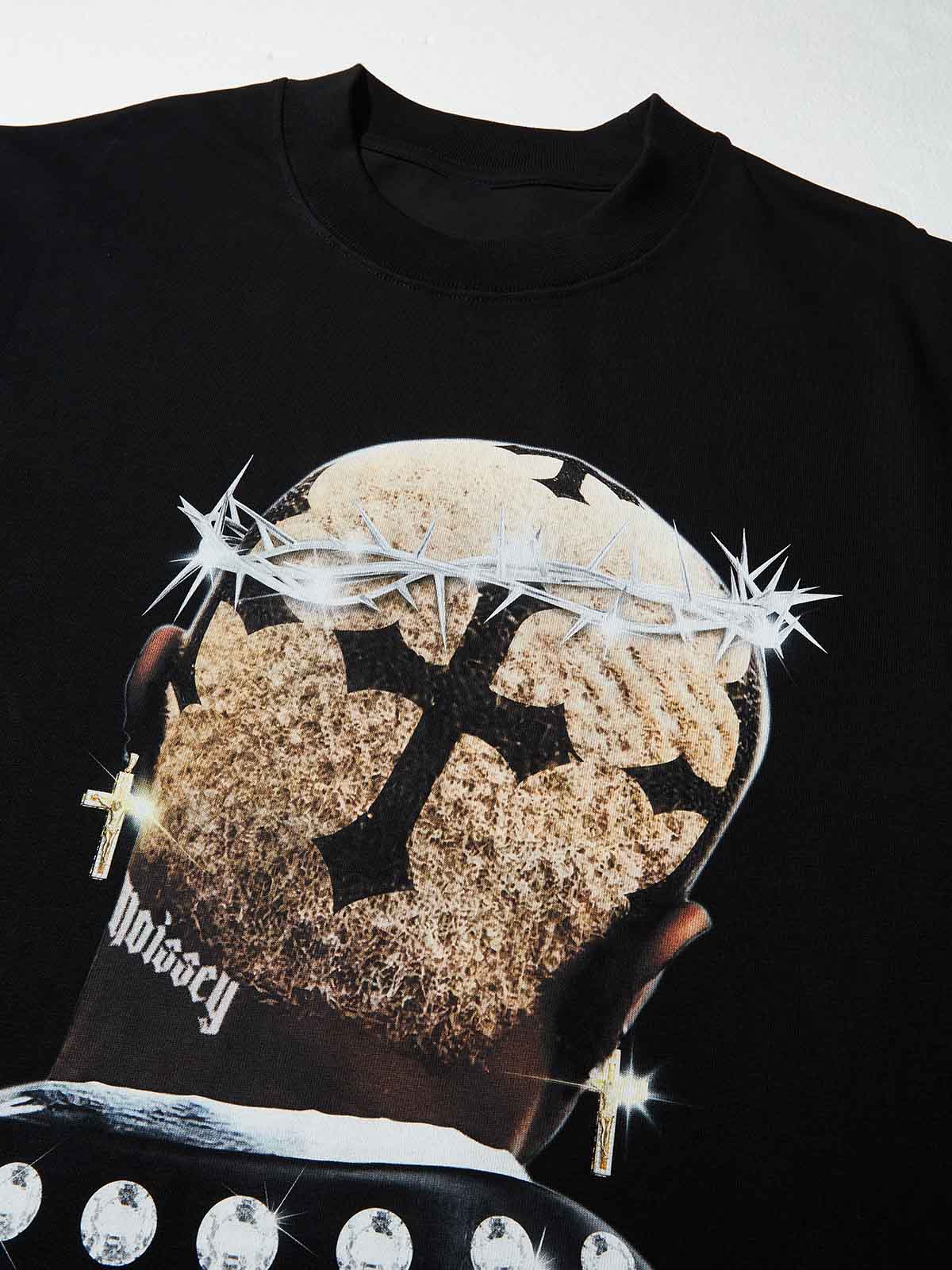 High quality Cross Hairstyle and Diamond Thorn Crown Print 350g T-shirt - Image 7