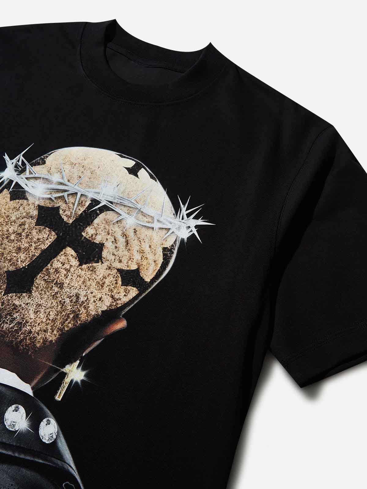 High quality Cross Hairstyle and Diamond Thorn Crown Print 350g T-shirt - Image 8