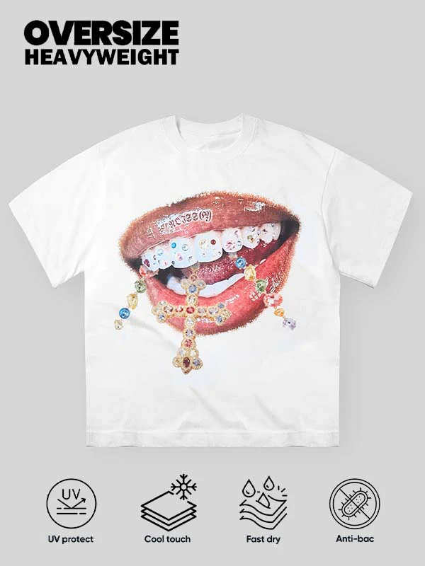 High-Quality Diamond Teeth Cross Print 350g T-Shirt - Image 2