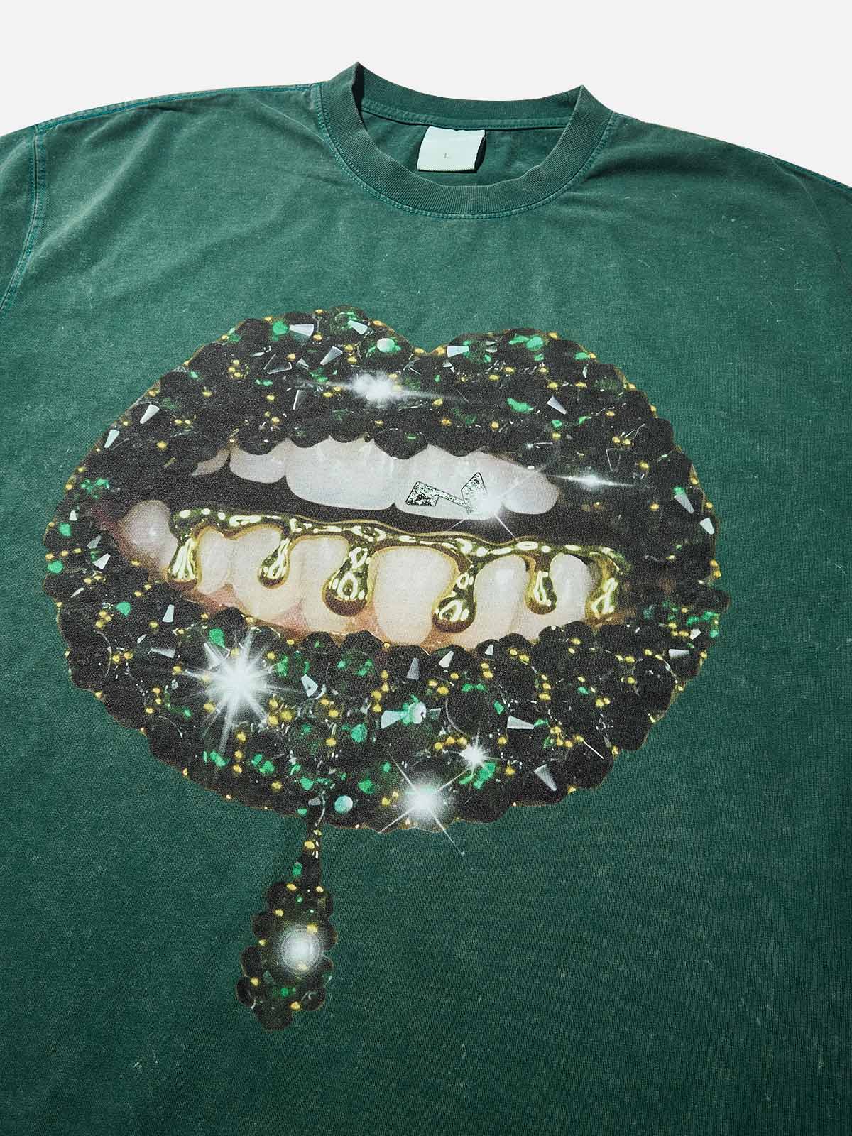 High Quality Green Gem Lip Wash Print heavyweight T-shirt - Image 6