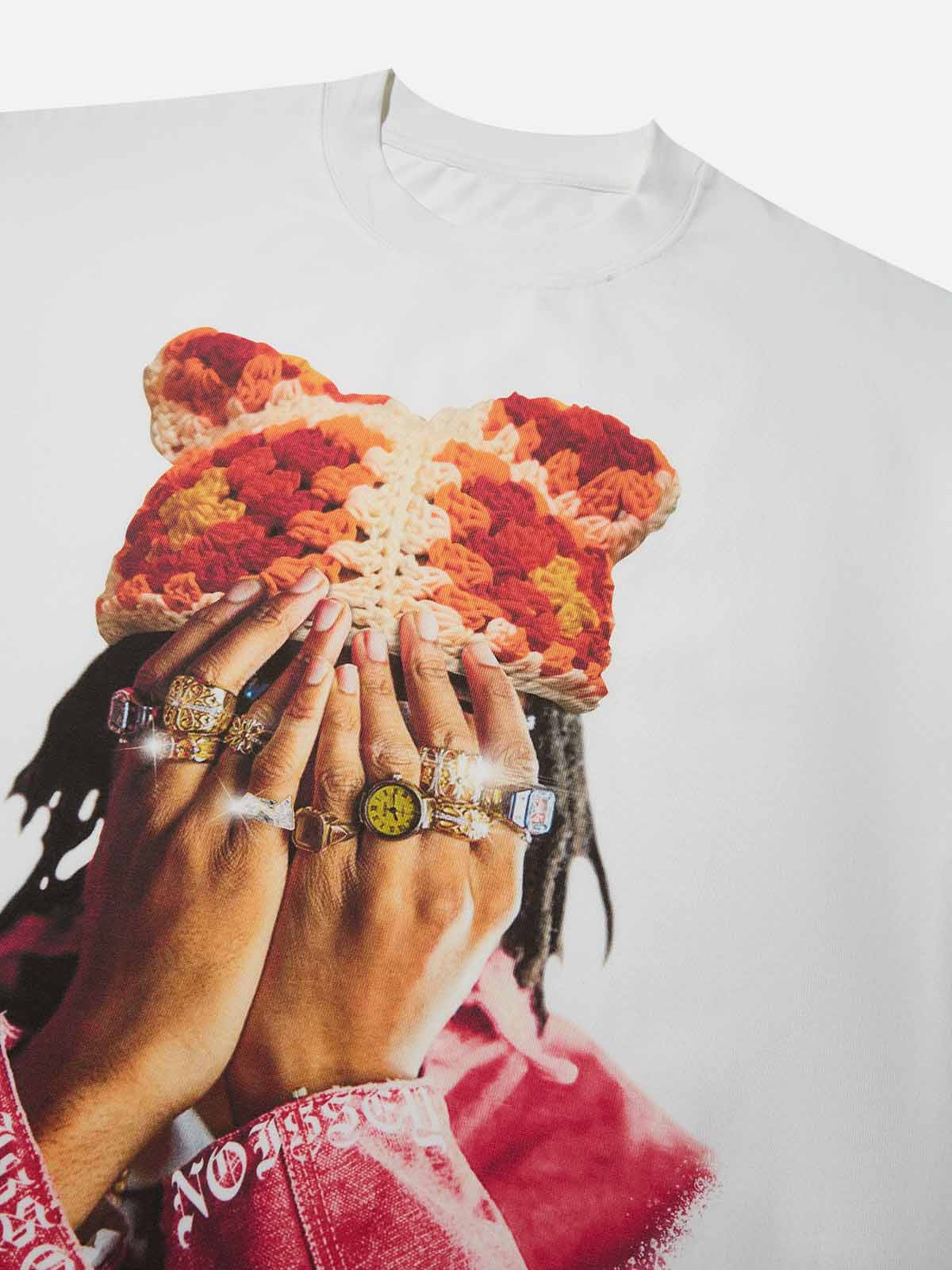 High Quality Jewel Ring & Orange Kitty Cap Wash Print heavyweight T-shirt - Image 5