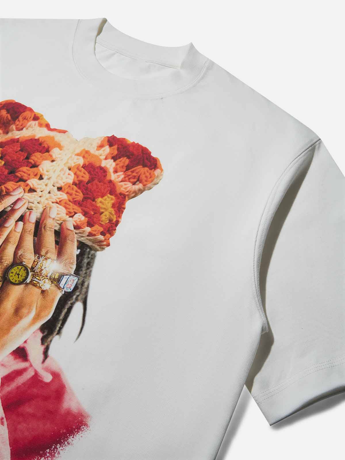 High Quality Jewel Ring & Orange Kitty Cap Wash Print heavyweight T-shirt - Image 7
