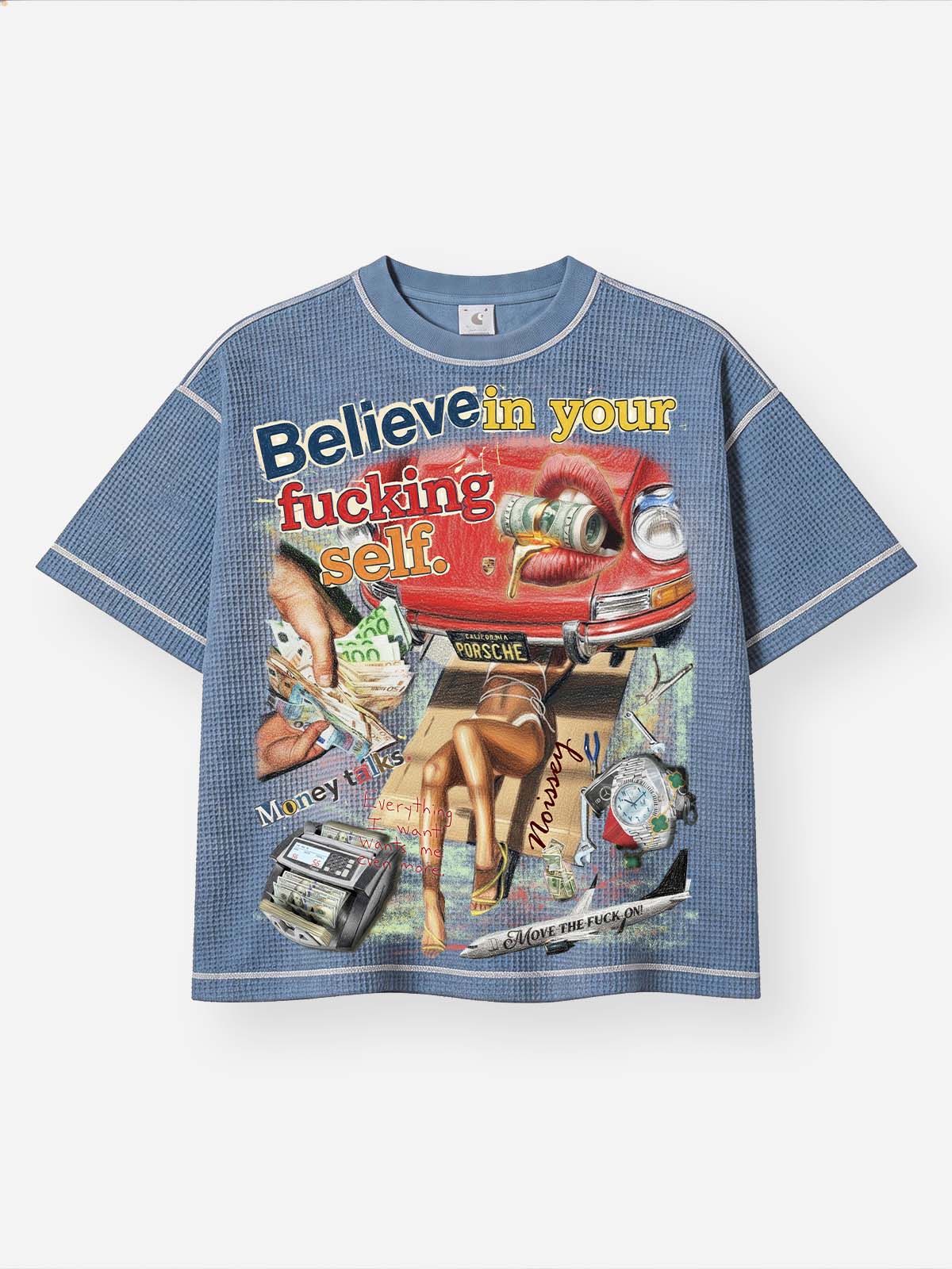 NOISSEY I'm kind of a big deal Bold Graffiti Art Print Waffle Statement T-Shirt - Washed Indigo