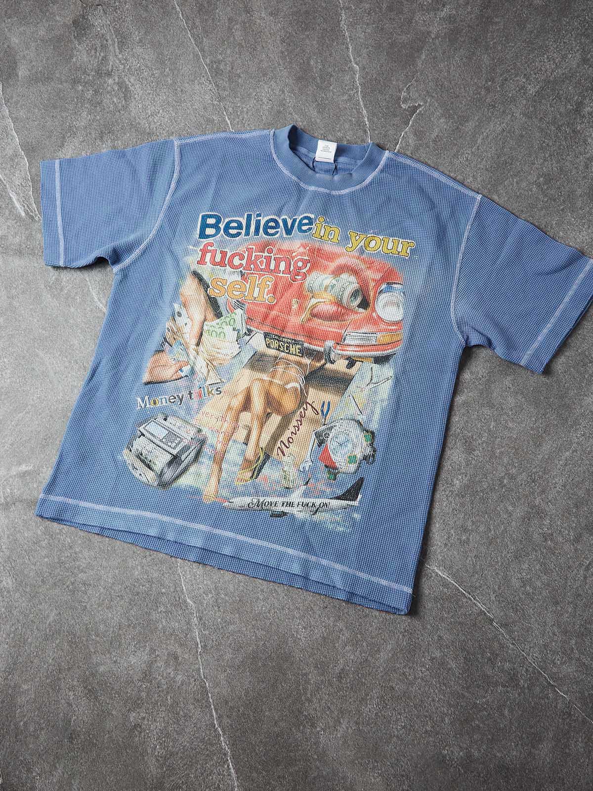 NOISSEY I'm kind of a big deal Bold Graffiti Art Print Waffle Statement T-Shirt - Washed Indigo - Image 3