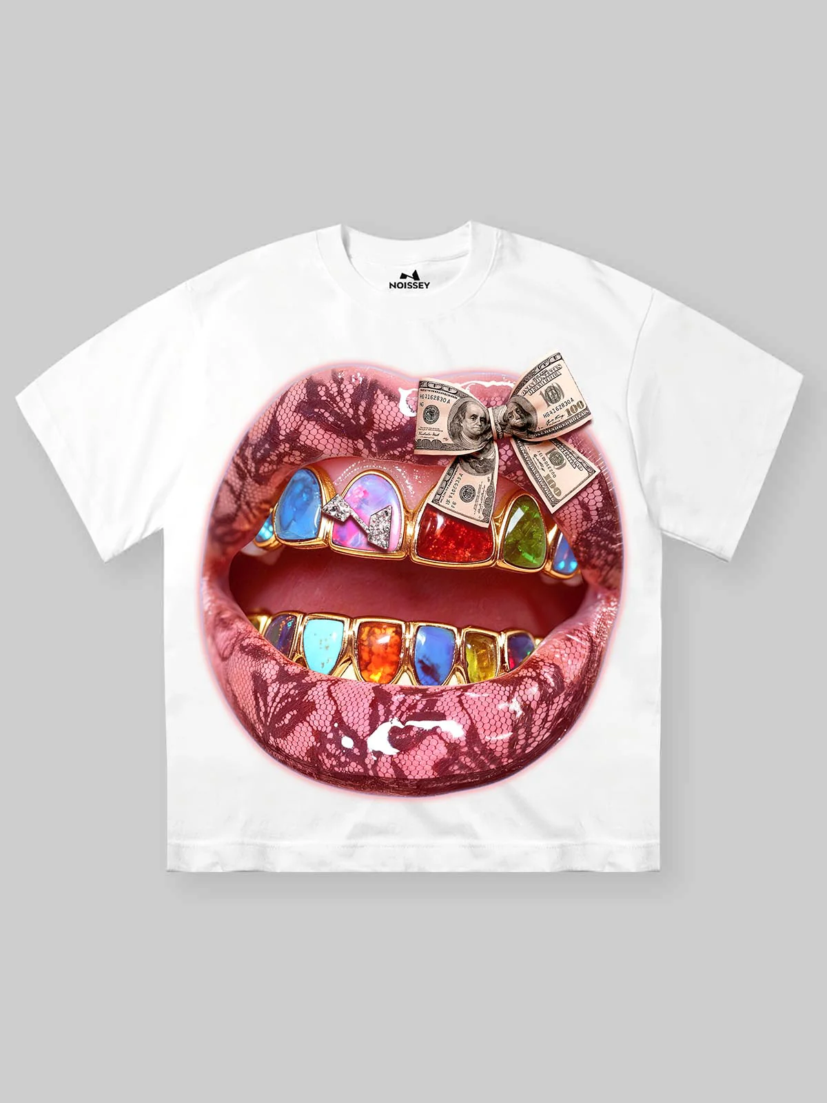 Lace Banknote Inspired Colorful Lip Diamond Art Print Streetwear Graphic T-Shirt