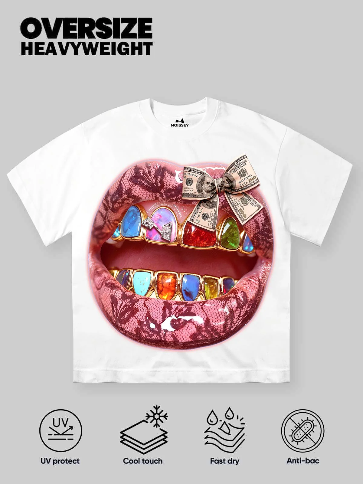 Lace Banknote Inspired Colorful Lip Diamond Art Print Streetwear Graphic T-Shirt - Image 3