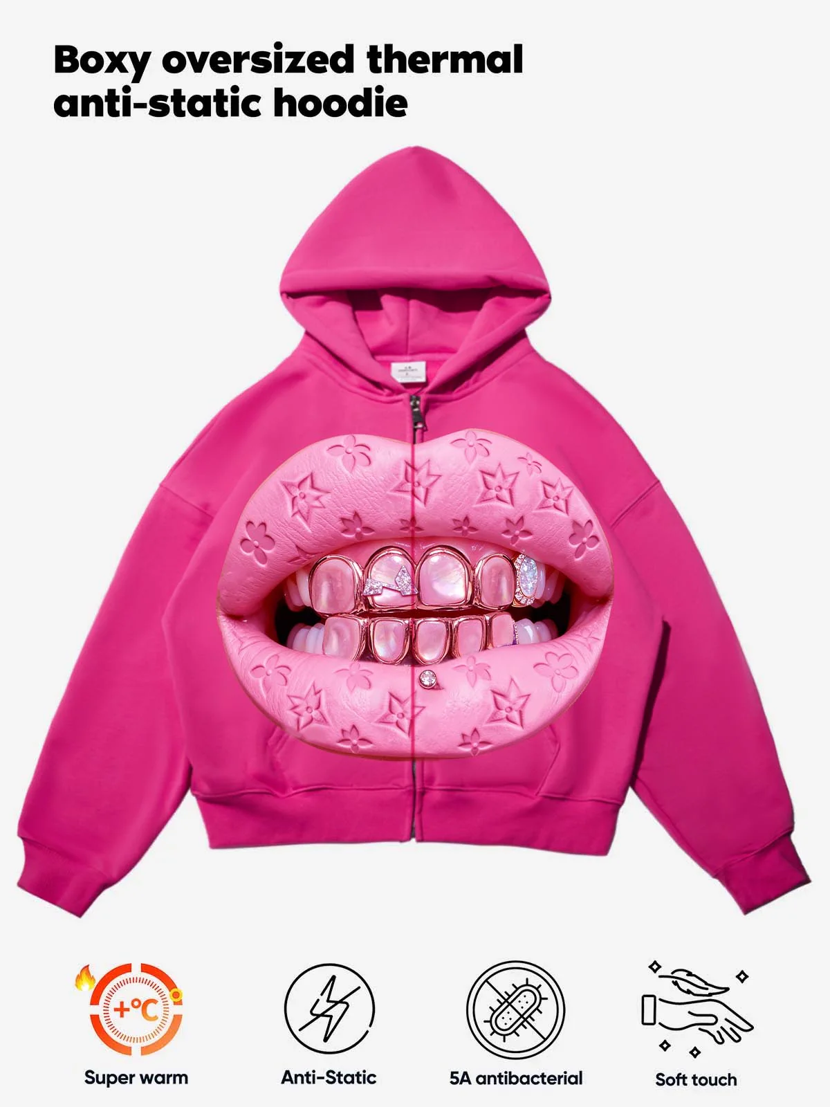 NOISSEY Pink "Leather Cat's Eye" Grillz Zip-Up print Hoodie - Image 2
