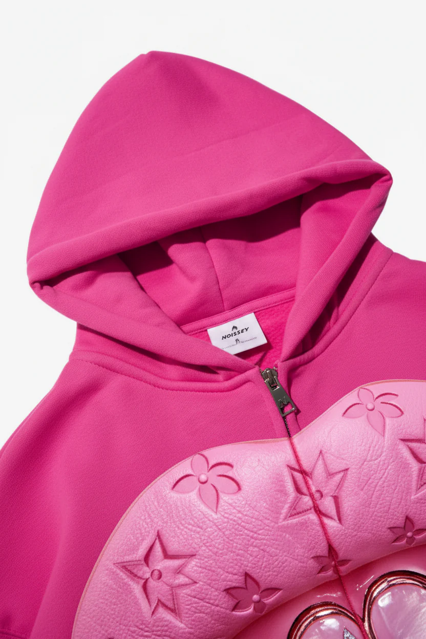 NOISSEY Pink "Leather Cat's Eye" Grillz Zip-Up print Hoodie - Image 4