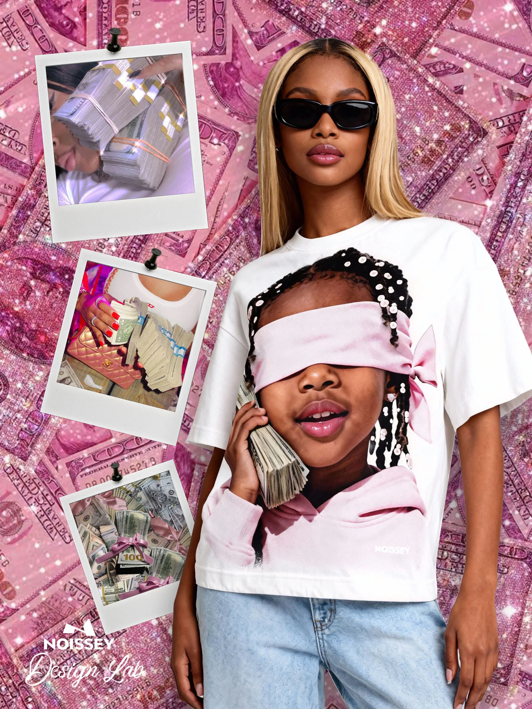 Little Girl with Pink Headscarf and Her Money Print T-shirt - Image 3