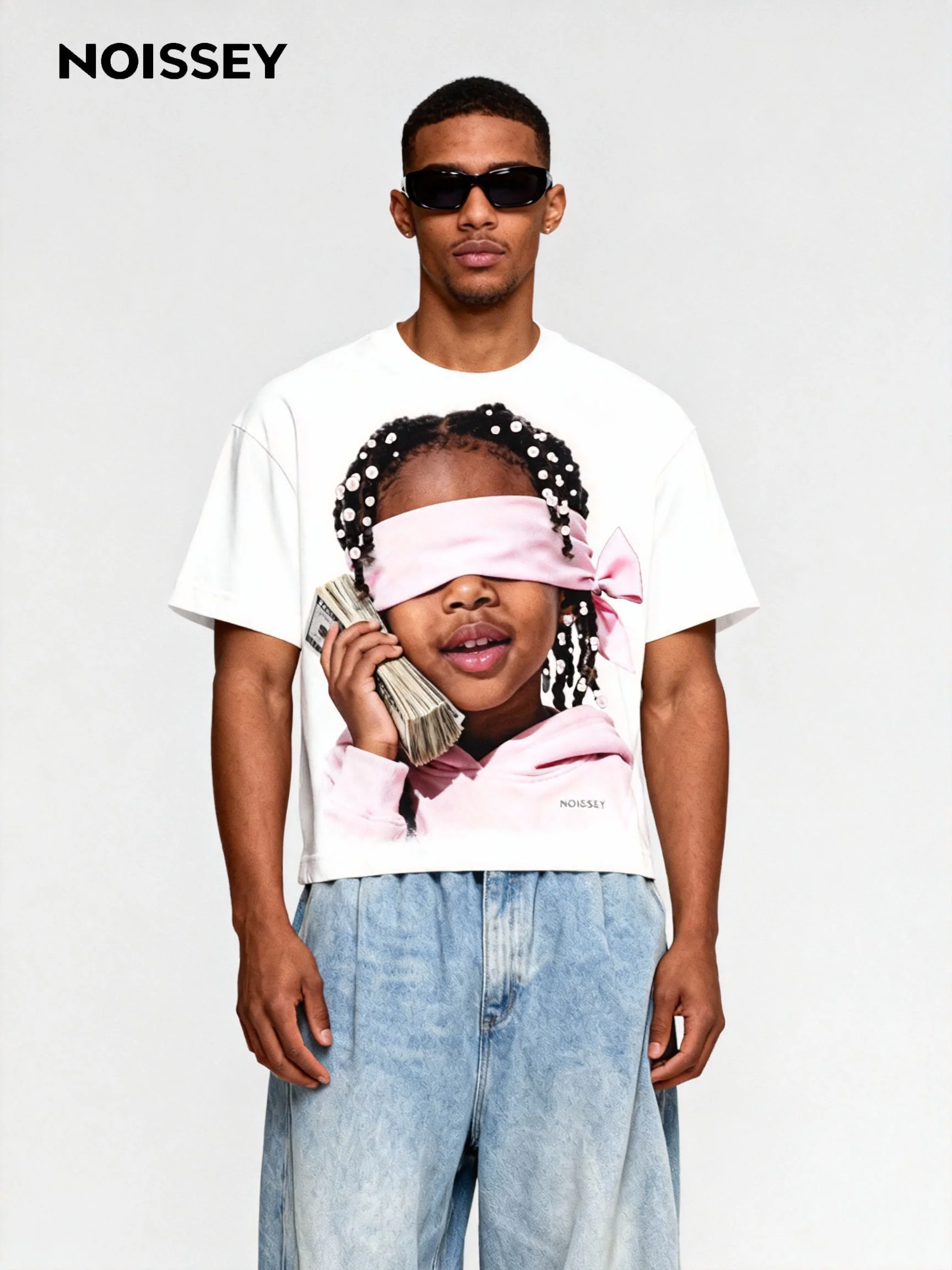 Little Girl with Pink Headscarf and Her Money Print T-shirt - Image 5