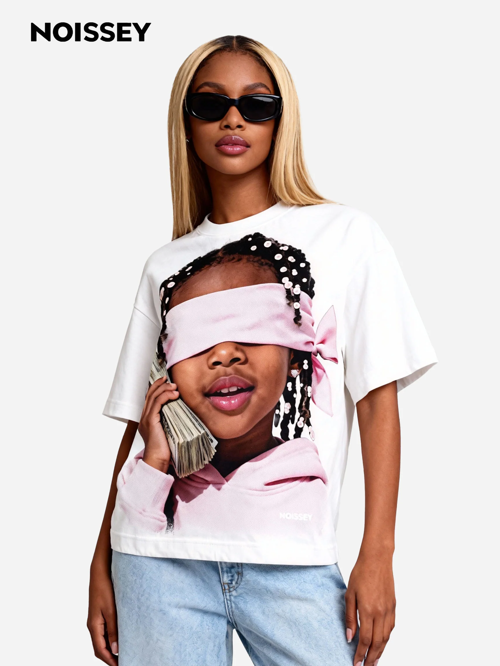 Little Girl with Pink Headscarf and Her Money Print T-shirt - Image 6