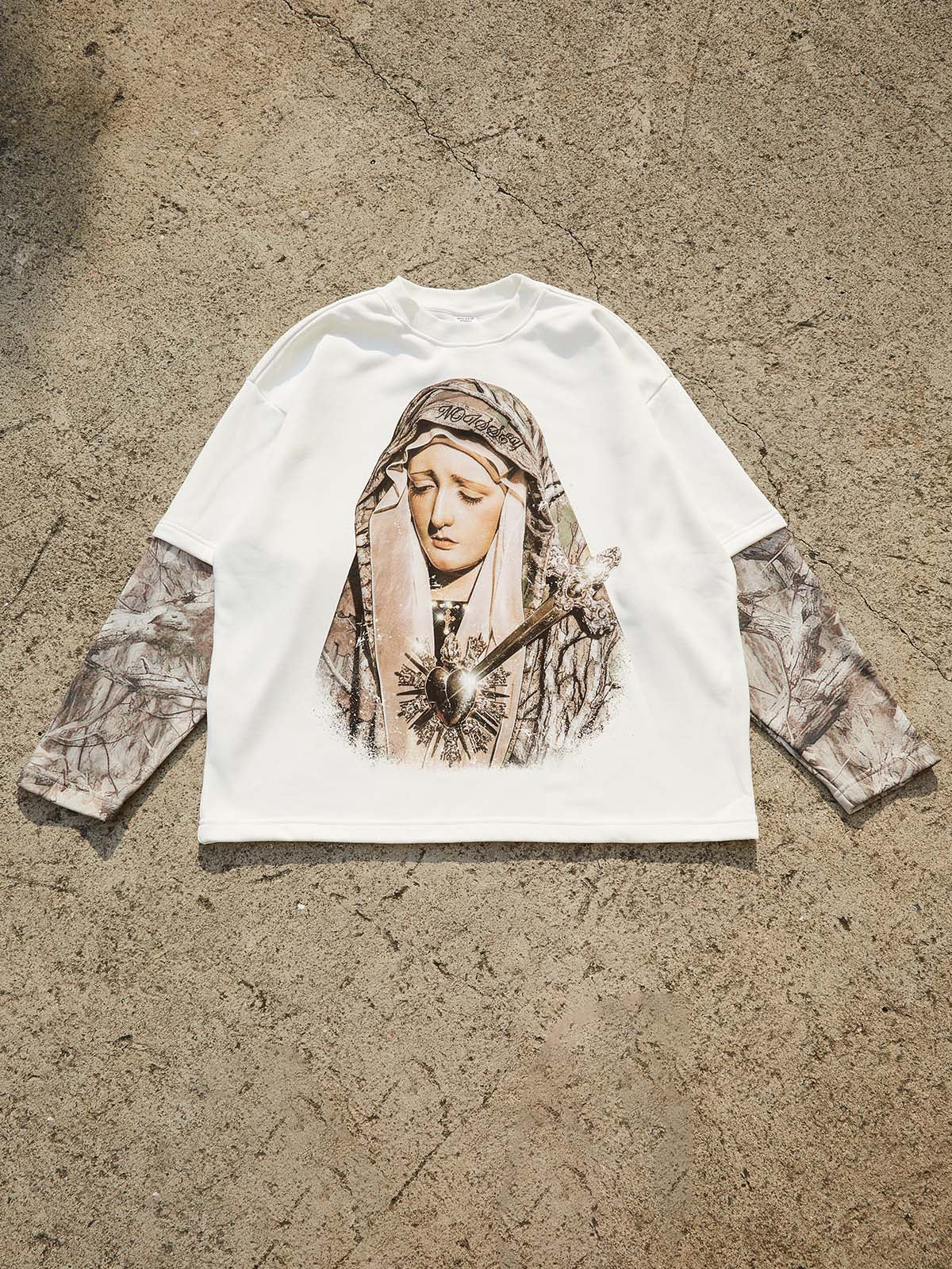 Tree Pattern Headscarf Madonna & Camo Layered Long Sleeve Tee - Image 2