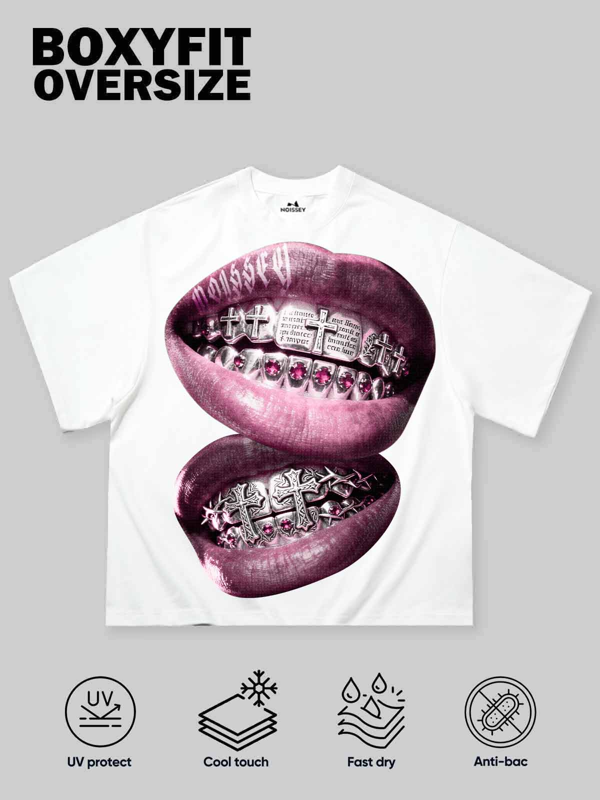 Metal Cross Diamond Grillz Print Boxy Oversized T-shirt - Image 2