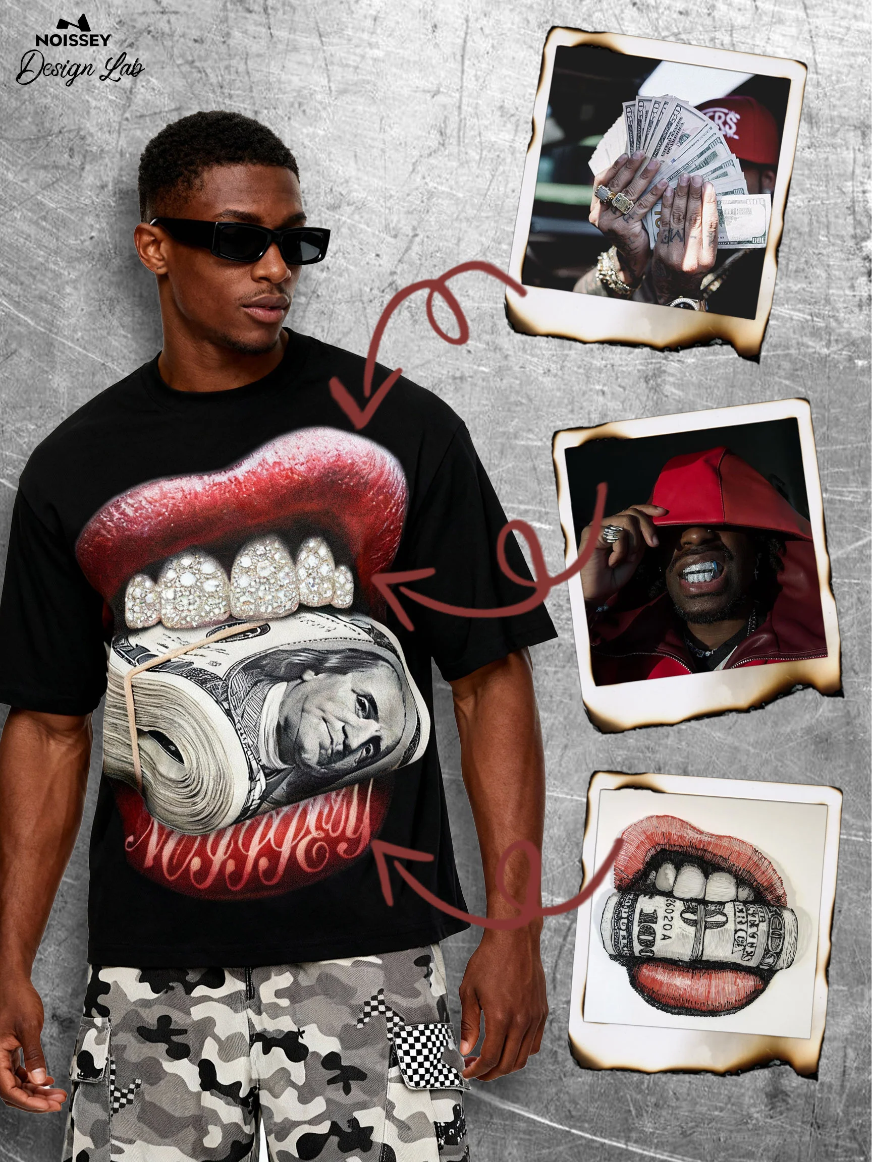 Money-Biting Lip Diamond Grills Boxy Oversized T-shirt - Image 4