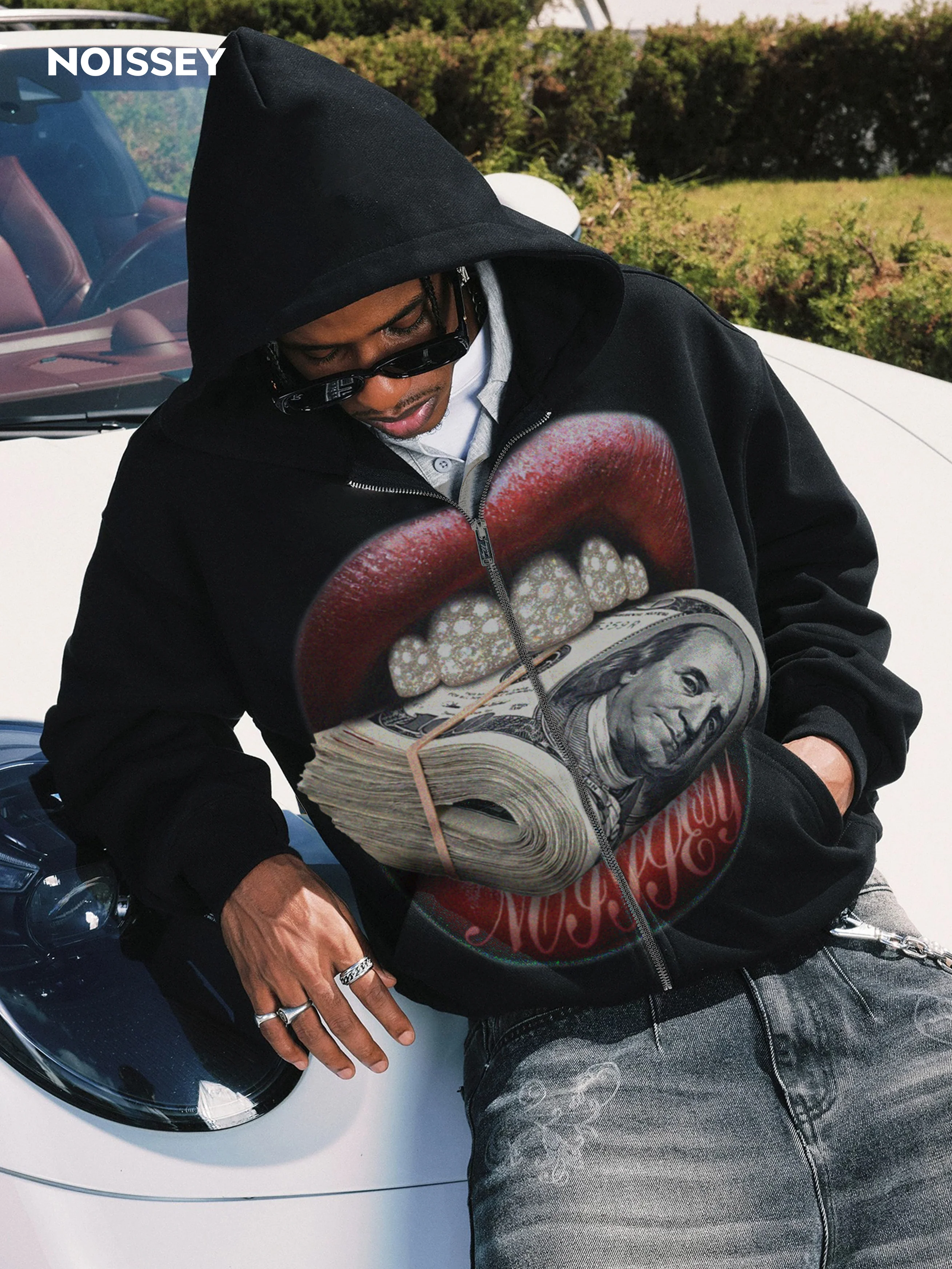 NOISSEY "Money Bite" Diamond Grillz Thermal Zip-Up Hoodie - Image 2