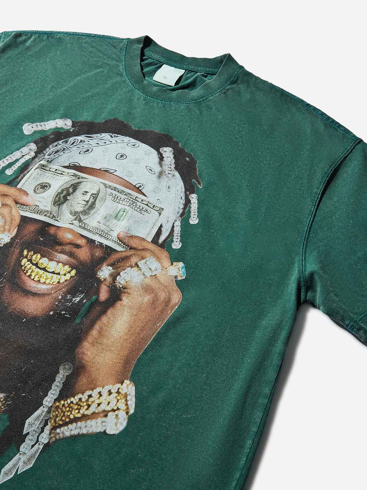 "Money Blinds the Eyes" Green Washed Print T-shirt - Image 6