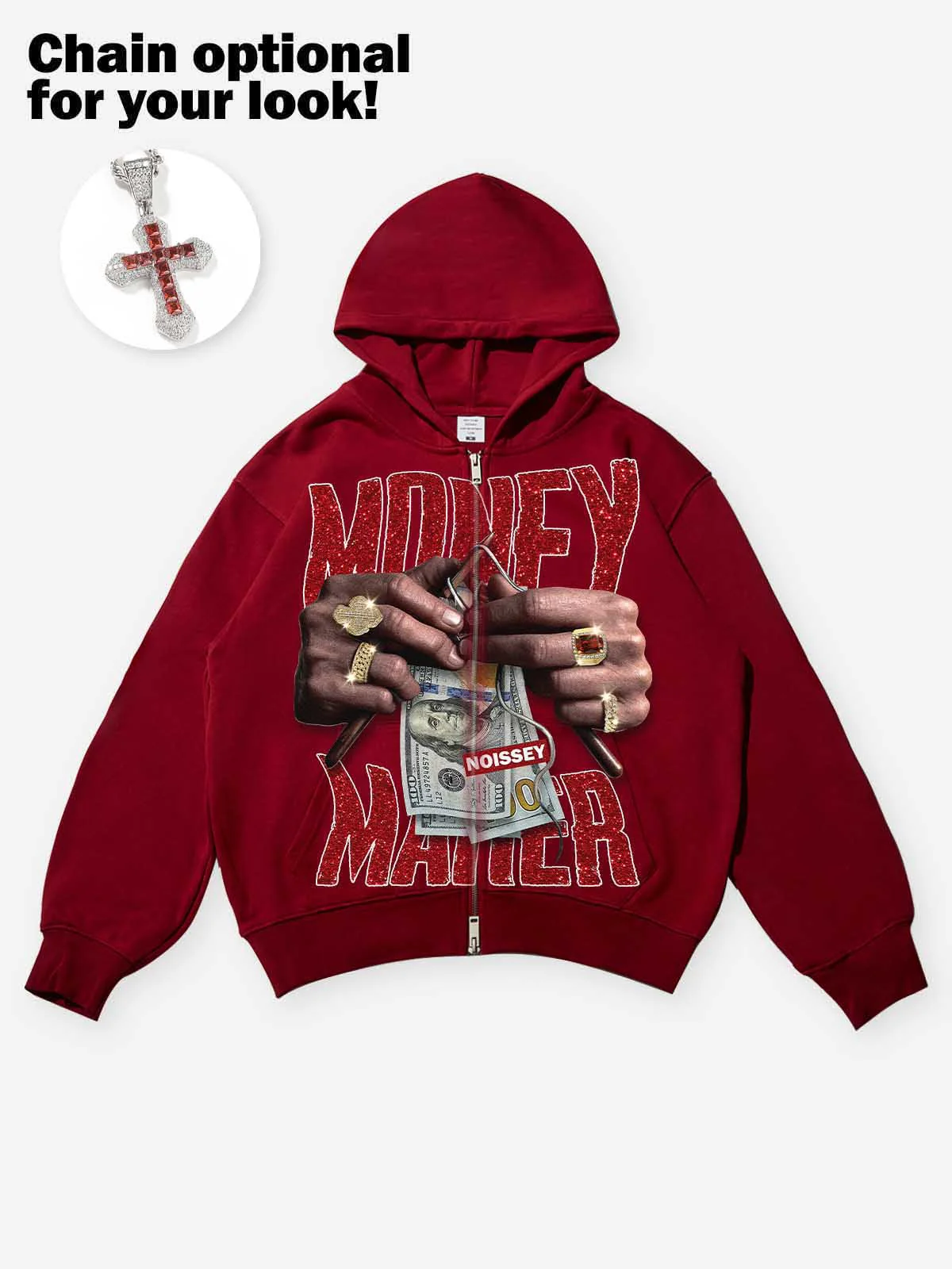 NOISSEY "Money Maker" Rhinestone Zip-Up Hoodie - Deep Red