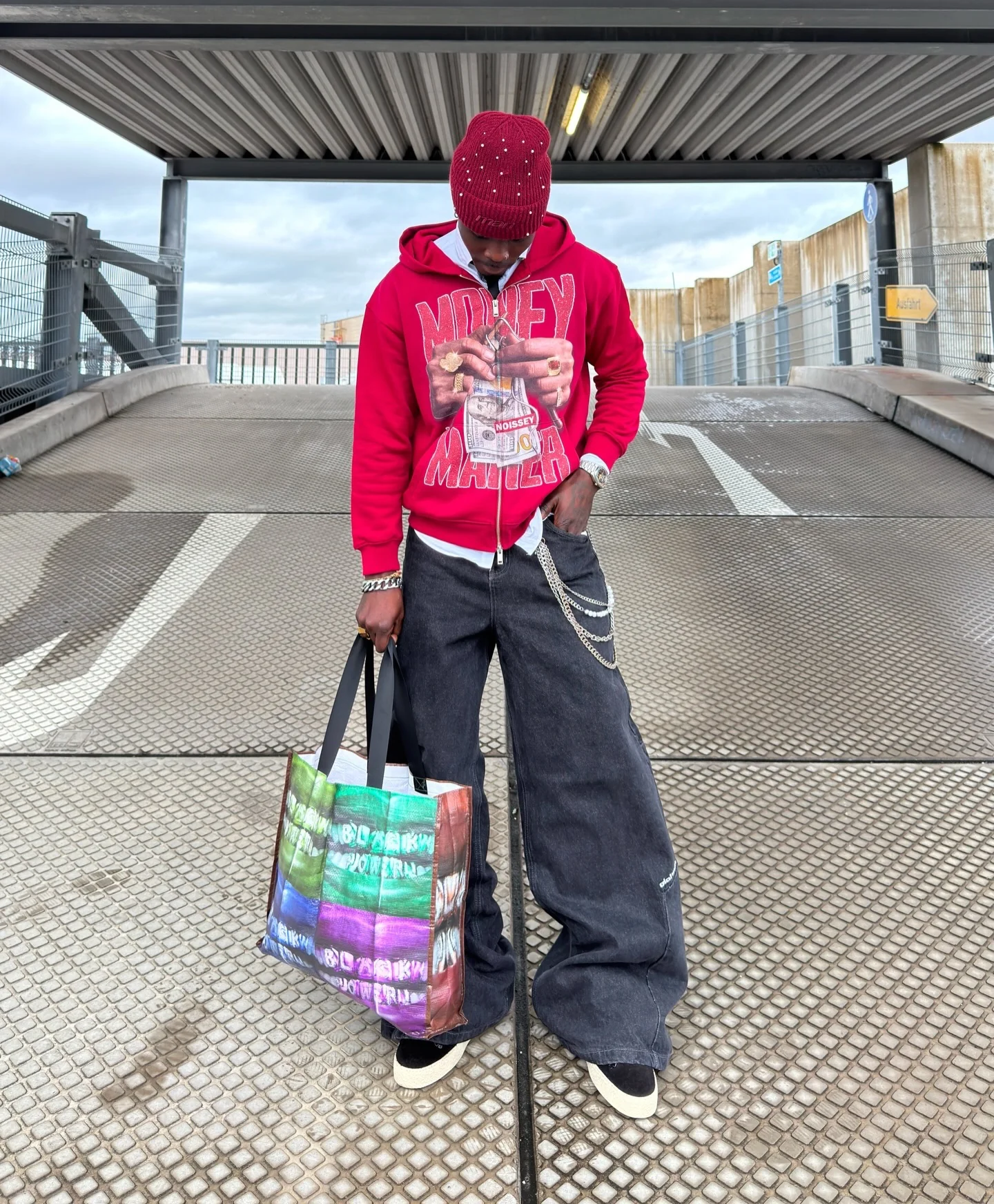 NOISSEY "Money Maker" Rhinestone Zip-Up Hoodie - Deep Red - Image 2