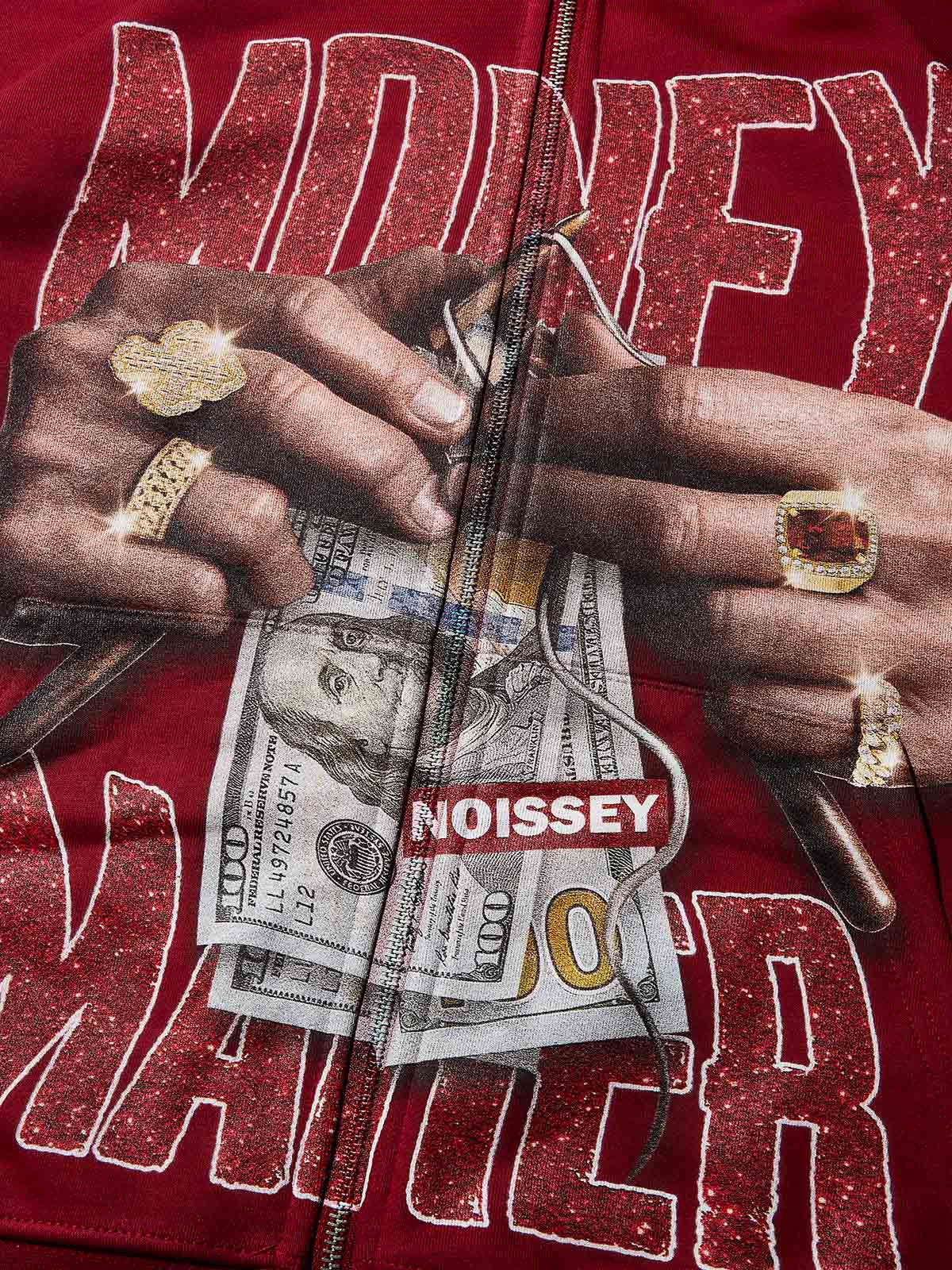 NOISSEY "Money Maker" Rhinestone Zip-Up Hoodie - Deep Red - Image 3