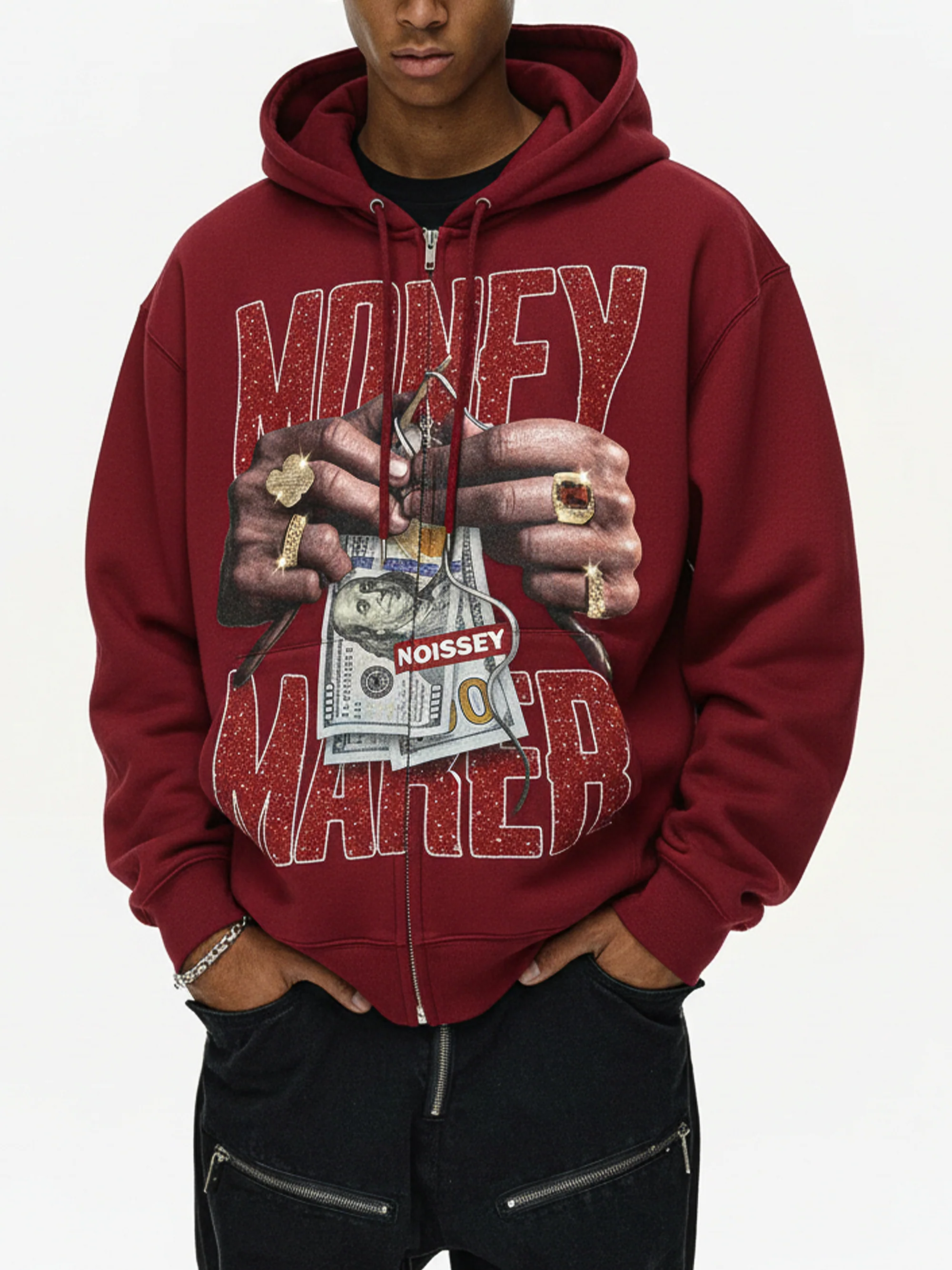 NOISSEY "Money Maker" Rhinestone Zip-Up Hoodie - Deep Red - Image 4