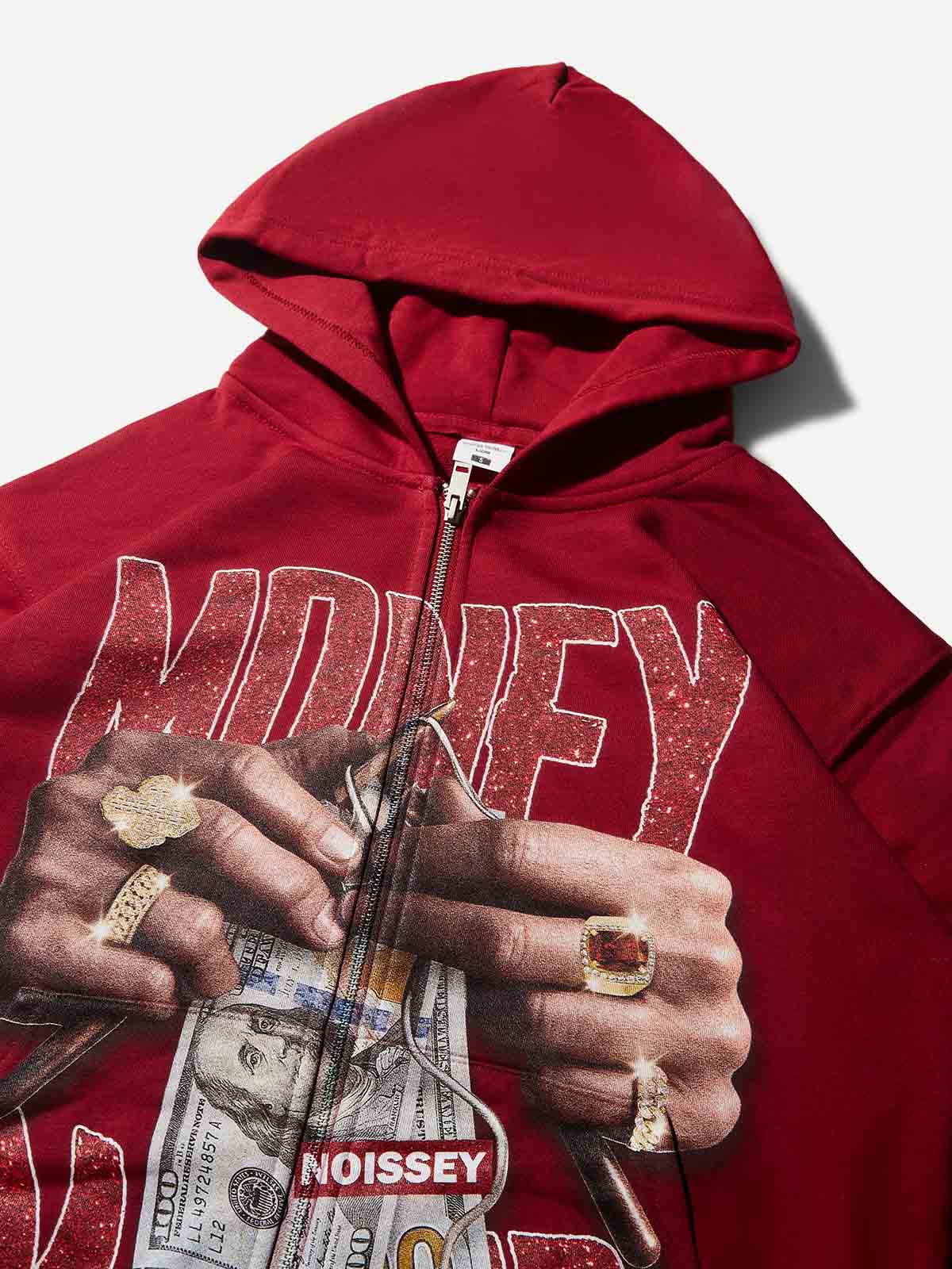 NOISSEY "Money Maker" Rhinestone Zip-Up Hoodie - Deep Red - Image 6