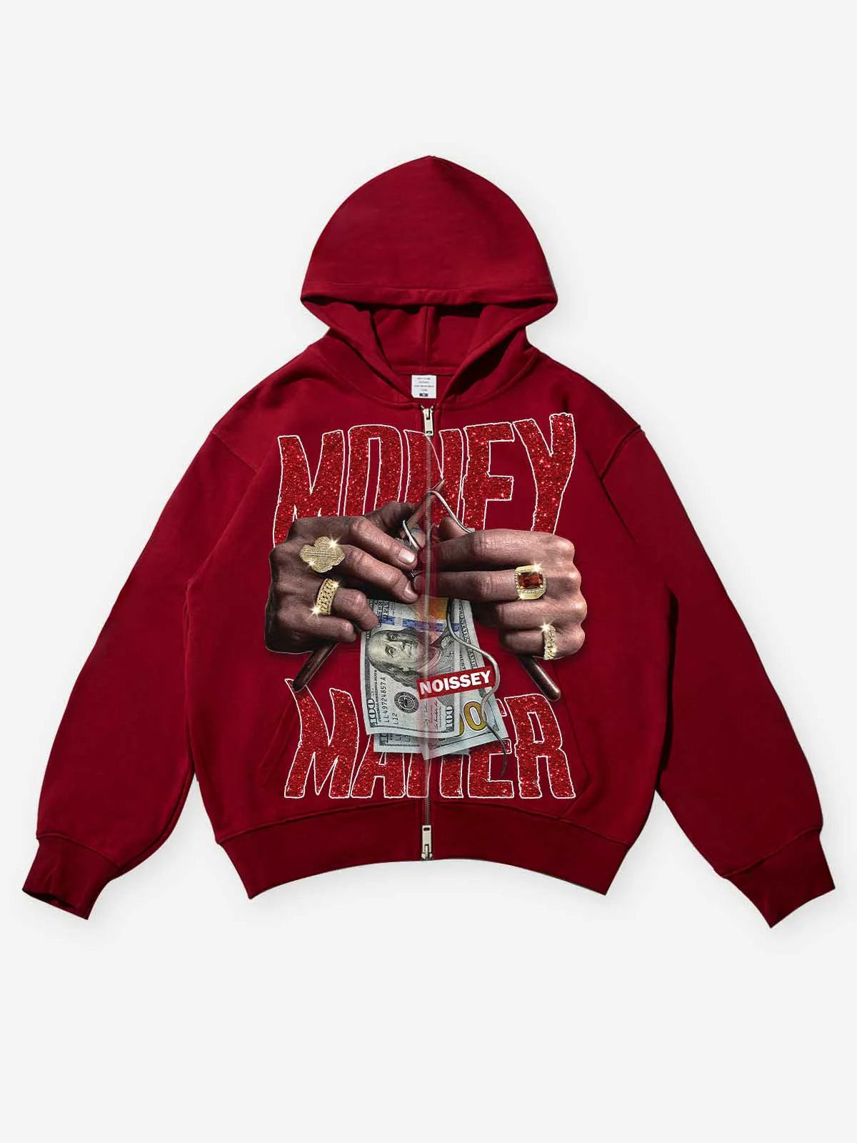 NOISSEY "Money Maker" Rhinestone Zip-Up Hoodie - Deep Red - Image 8