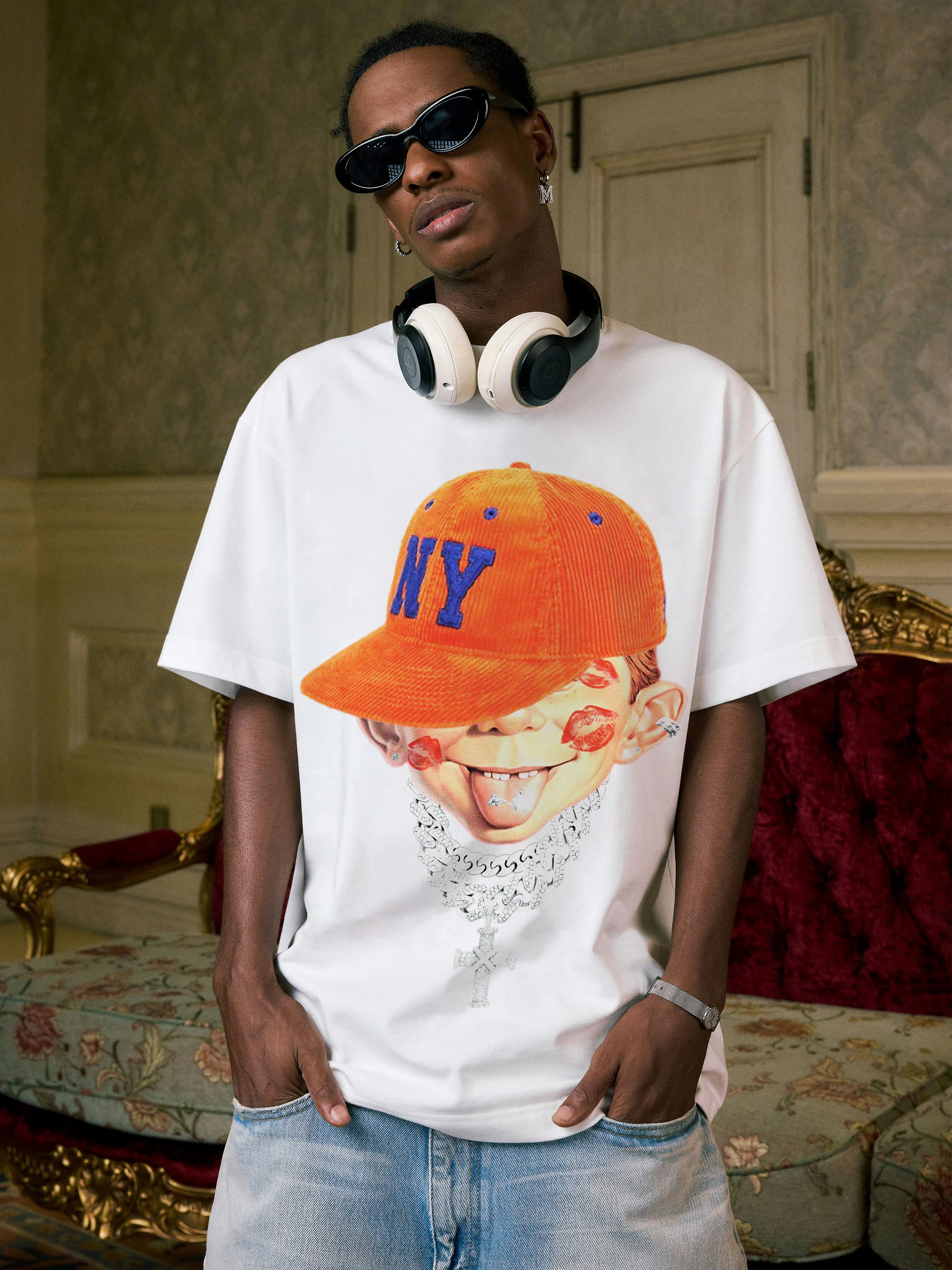 Bad Boy Peaked Cap & Diamond Necklace Print T-Shirt - Image 5