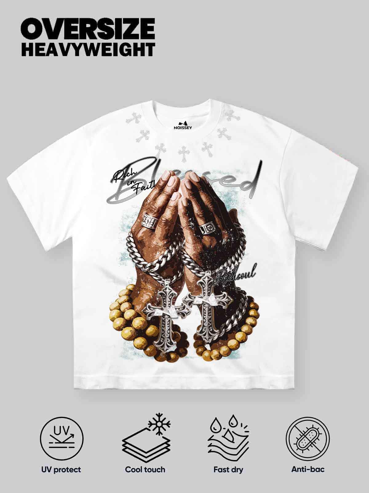 NOISSEY "Blessed Rich Soul" Praying Hands & Rosary Graphic DIY Rhinestone T-Shirt - Image 2