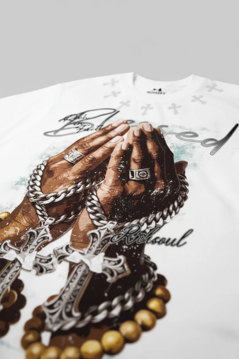 NOISSEY "Blessed Rich Soul" Praying Hands & Rosary Graphic DIY Rhinestone T-Shirt - Image 9