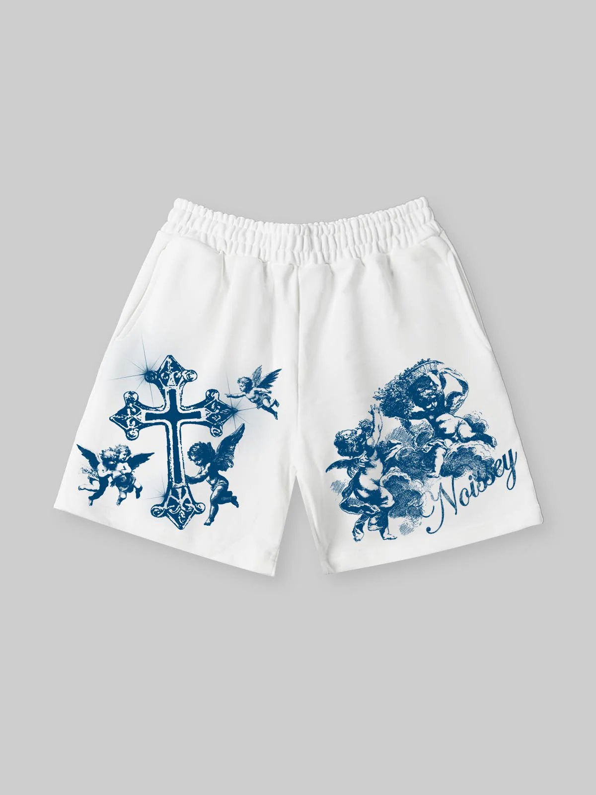 NOISSEY "Blue Angel" Cross & Cherub Graphic Heavyweight Wide-Leg Sweat Shorts