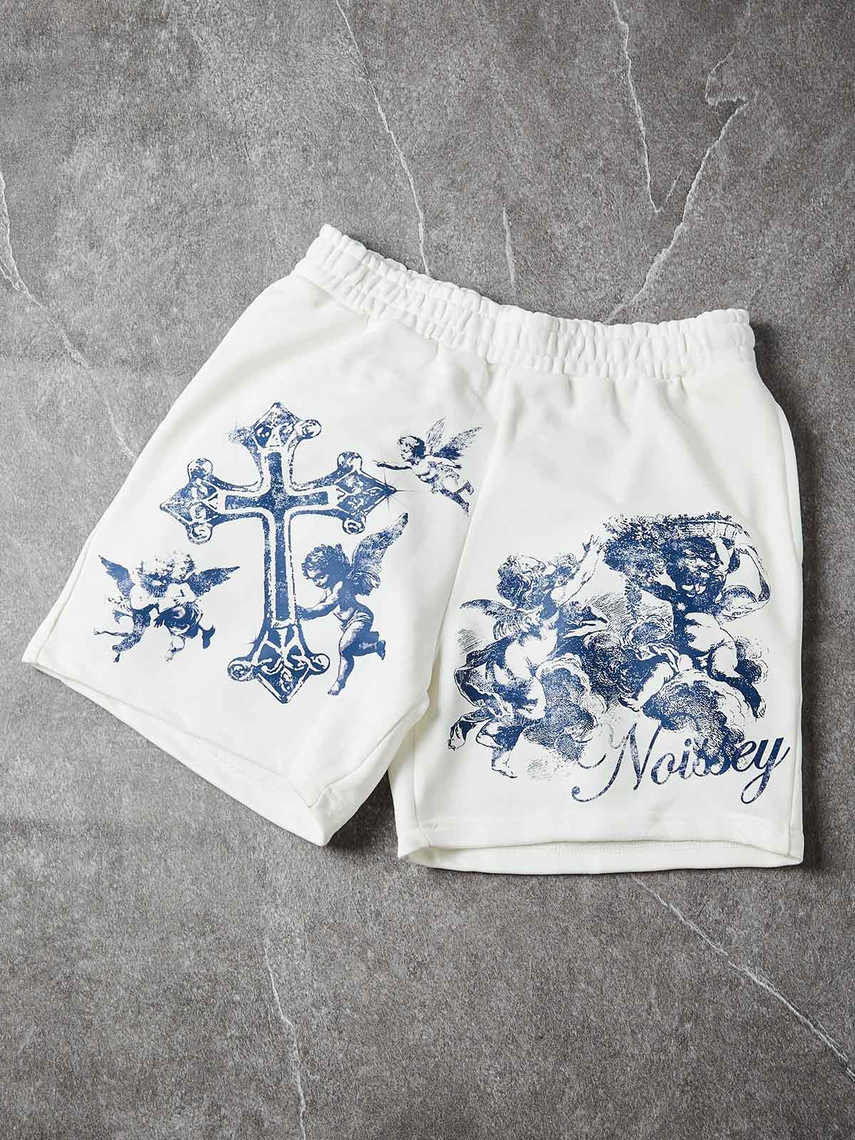 NOISSEY "Blue Angel" Cross & Cherub Graphic Heavyweight Wide-Leg Sweat Shorts - Image 2