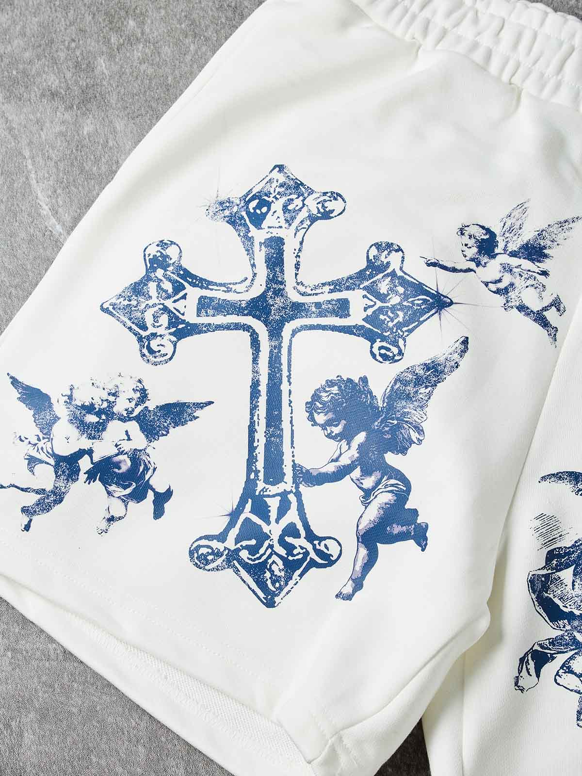NOISSEY "Blue Angel" Cross & Cherub Graphic Heavyweight Wide-Leg Sweat Shorts - Image 5