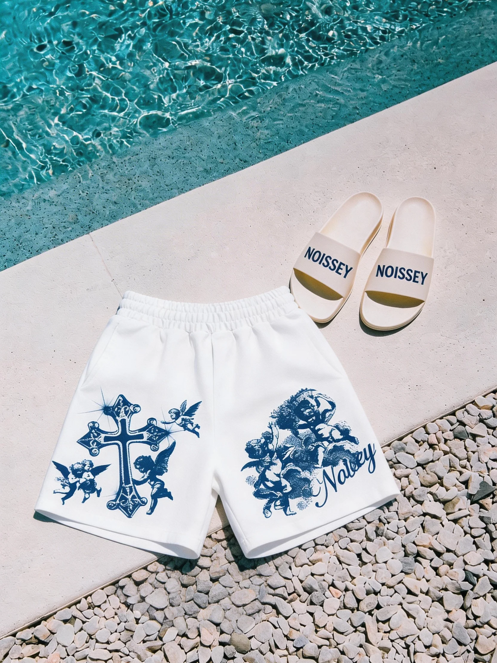 NOISSEY "Blue Angel" Cross & Cherub Graphic Heavyweight Wide-Leg Sweat Shorts - Image 7