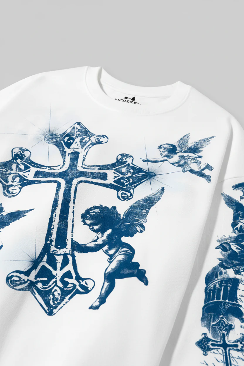 NOISSEY "Blue Cross Angels" Boxy Heavyweight Art Long Sleeve - Cloud White - Image 3