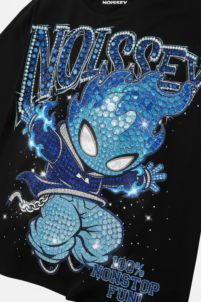 NOISSEY "Blue Ignite" Boxy Heavyweight Crystal Art Tee - Midnight Black - Image 10