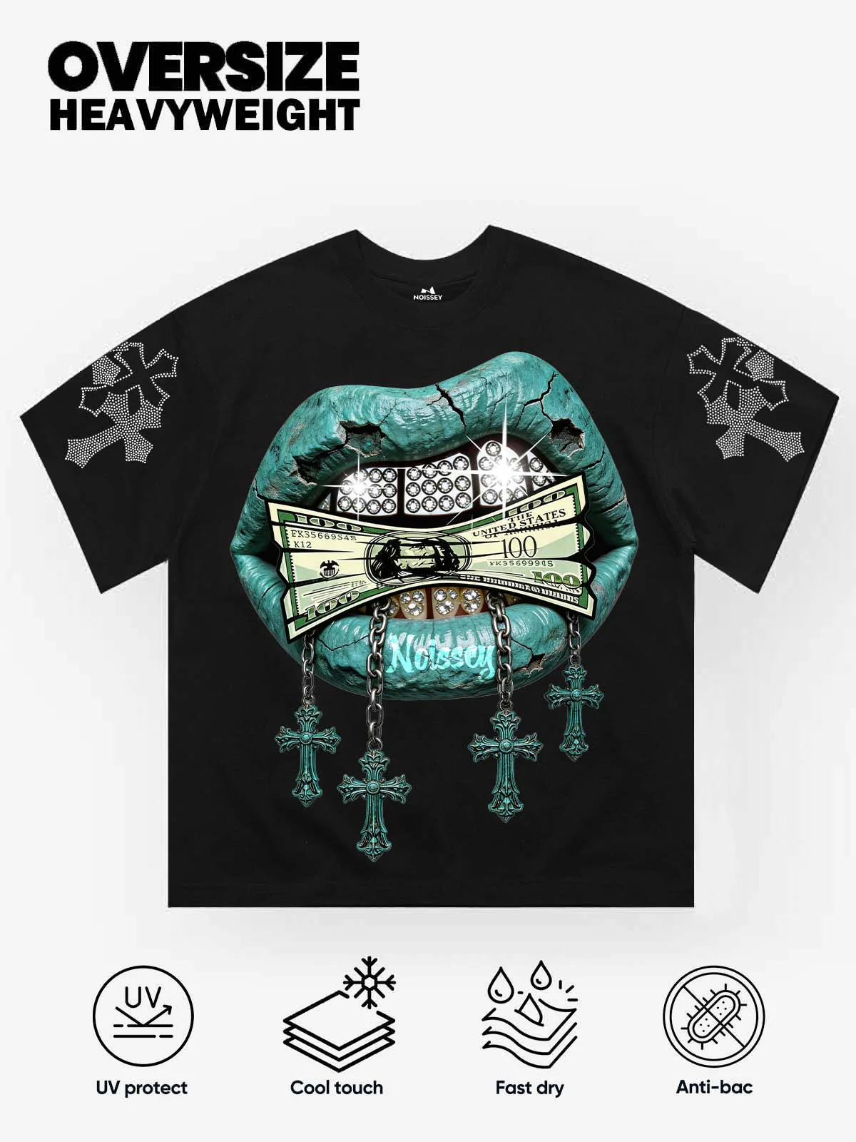 NOISSEY BRONZE GUARDIAN - CHAIN ICED OUT FANGS CROSS T-SHIRT - Image 2