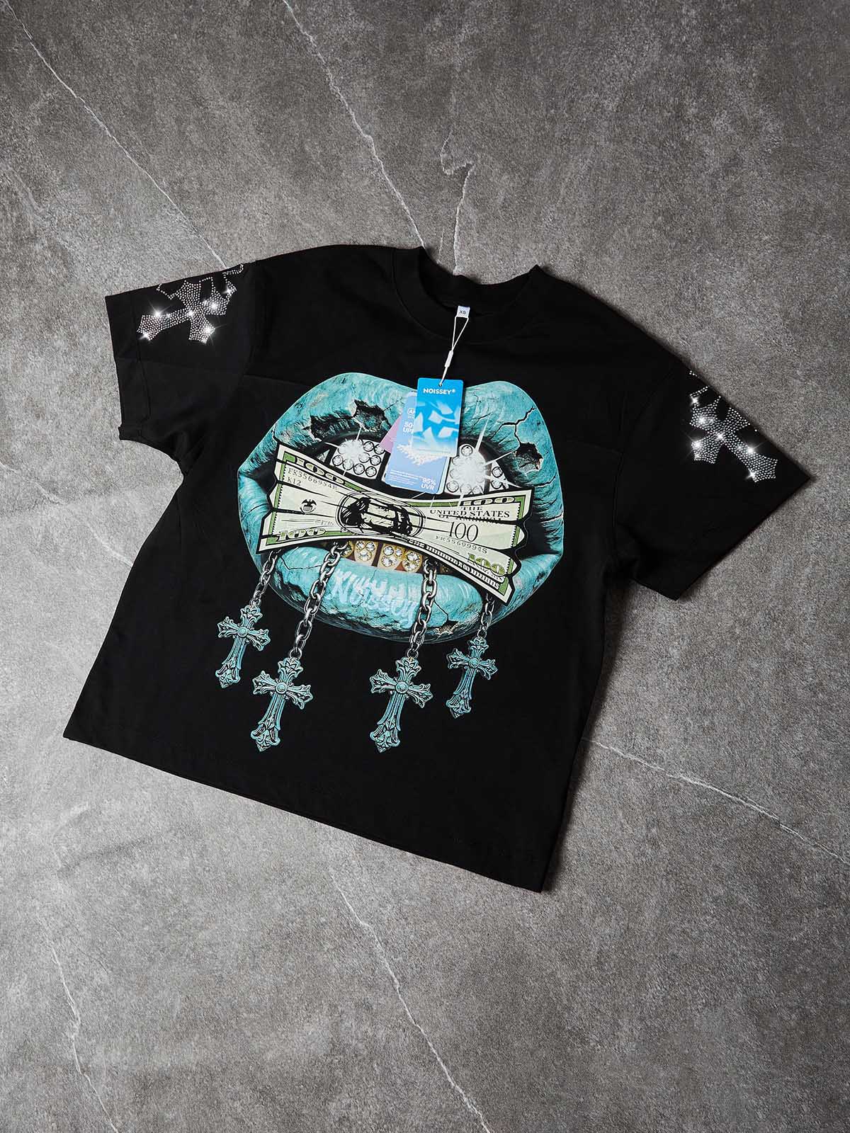 NOISSEY BRONZE GUARDIAN - CHAIN ICED OUT FANGS CROSS T-SHIRT - Image 6
