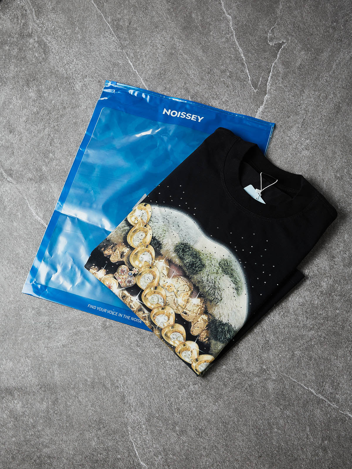 NOISSEY "Camo Grillz" Fuzzy Camo & Golden Cross Graphic Rhinestone T-Shirt - Image 4