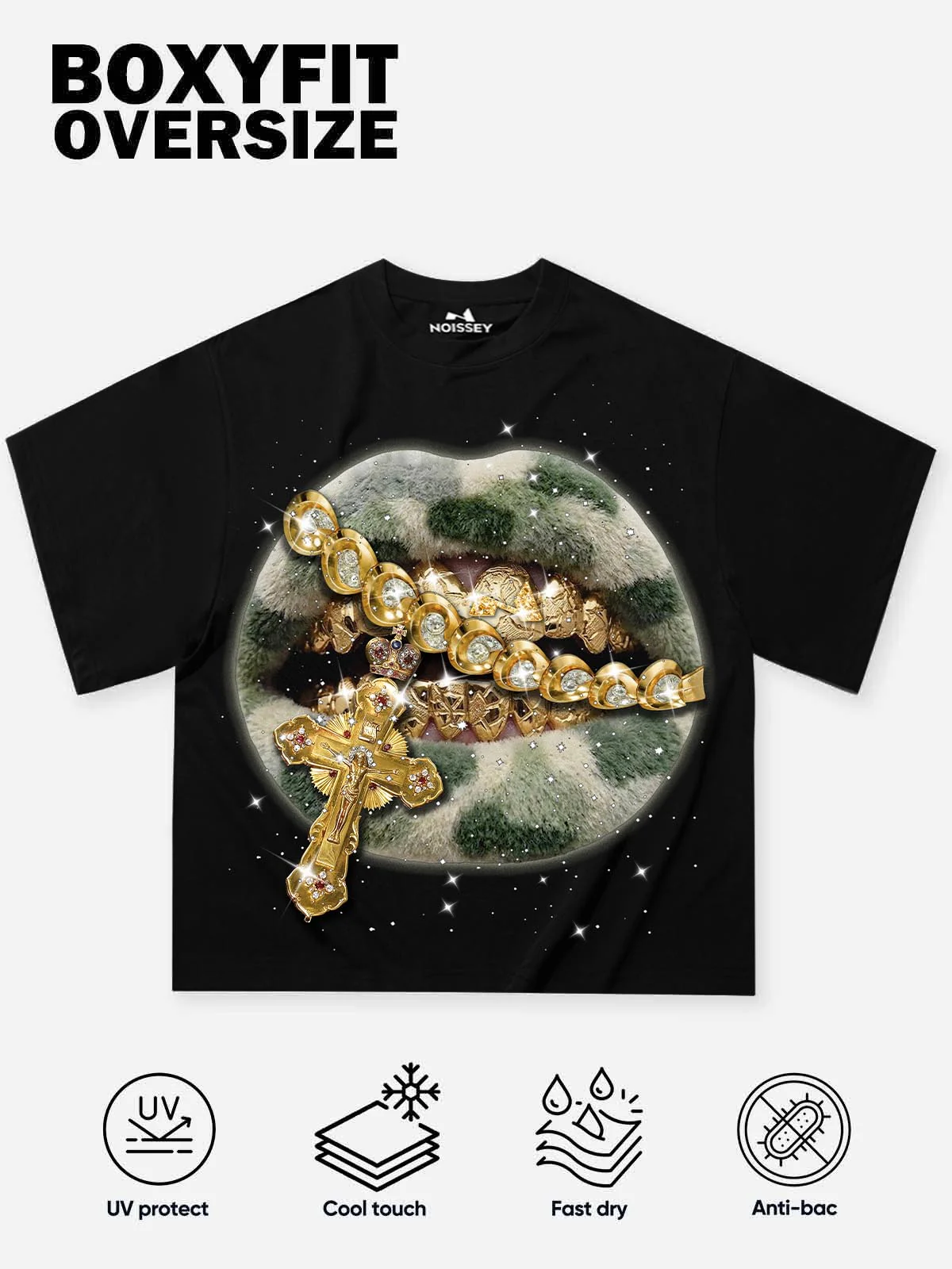 NOISSEY "Camo Grillz" Fuzzy Camo & Golden Cross Graphic Rhinestone T-Shirt - Image 7